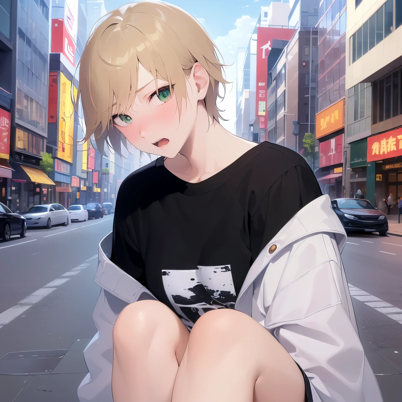 Upper Body, Realistic, real person, (pale skin: 1.2), RAW photo, photorealistic, portrait photography, shiny skin, japanese idol、shiny hair、japanese, (25 year old man with blonde bangs) and (green eyes) and (very short hair:1.5), (black) and (Plain T-shirt:1.5), (embarrassed:1.5), The background is the parking area、Alone