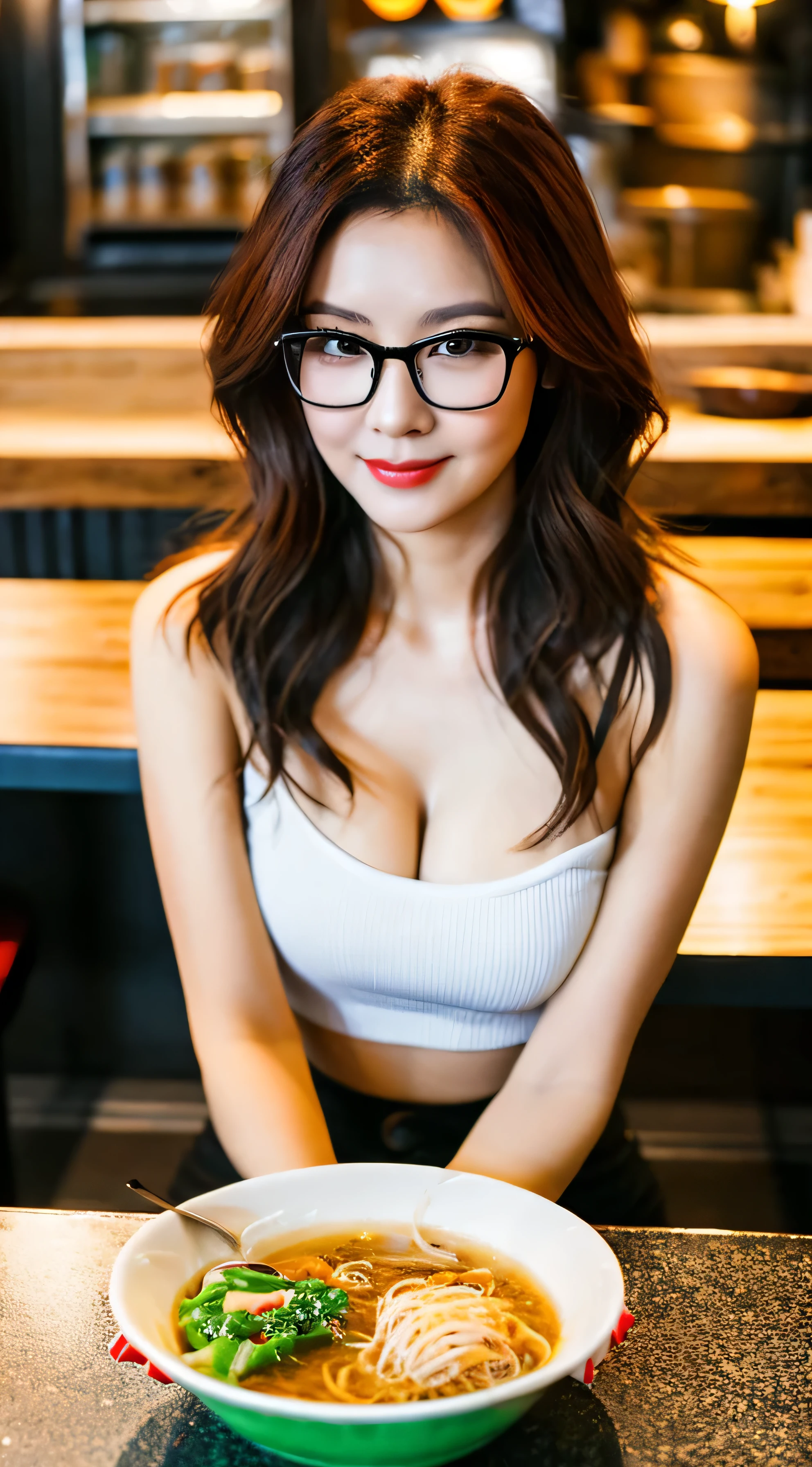(best quality, masterpiece:1.2), view of a hot sexy looking asian 25 year old woman with glasses sitting in a noodle bar and has an empty bowl in her hand. She has green eyes and long curly red hair. She has a nice slim physique. She is topless