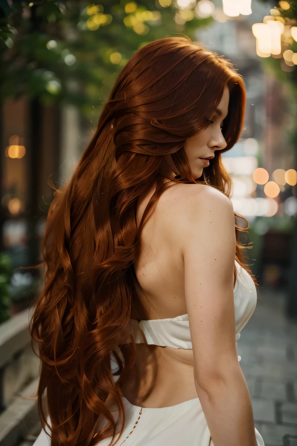 (best quality, highres), red-haired woman with long hair, dark red hair color, back view, flowing hair, graceful pose, soft lighting, portrait style, vibrant colors, detailed strands of hair