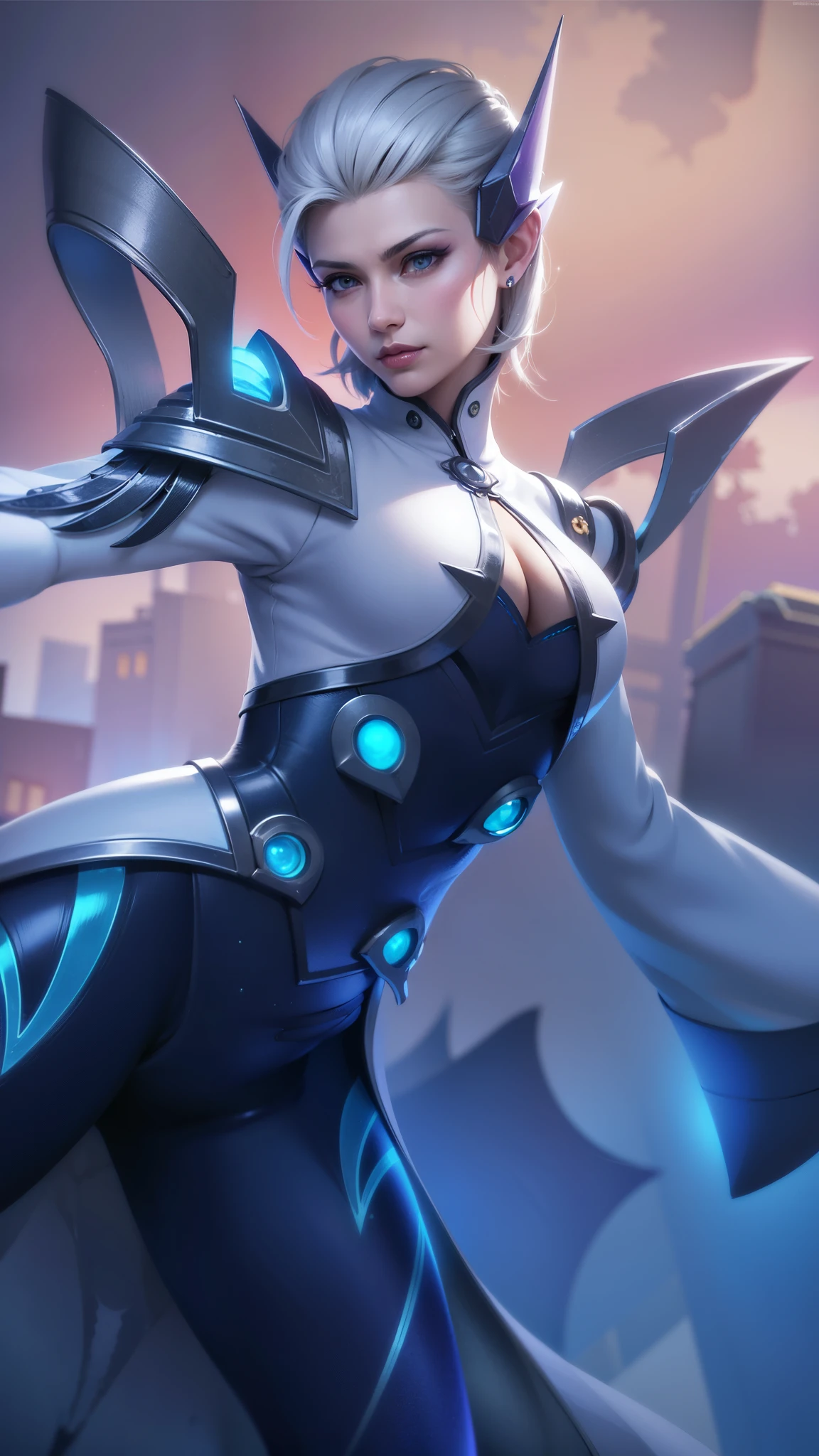(female:1.2), 8k, ultra hd, ultra detailed texture, hyper realistic, masterpiece, detailed texture, detailed face, detailed skin, detailed lighting, (photorealistic:1.5), best quality, beautiful lighting, cinematic lighting, professional lighting, ultra highres, realistic, detailed hair, real hair, high quality, (realskin:1.5), extremely detailed, finely detail, ultra-detailed, 1girl, solo, floating, (blue eyes), glowing eyes, black lips, v-shapped eyes, closed mouth, angry, colored skin, dark skin, purple skin, nose, pretty, beautiful, make up, evil smile, short hair, white hair bangs, large breasts, thigh, pauldrons, black pants, belt, purple coat, mechanical wings, armor shoulder, gloves, eudora \(mobile legends\), depth of field, looking aways, skin tight, amazing pose, glowing electric, lighting, cinematic background, elf ears.