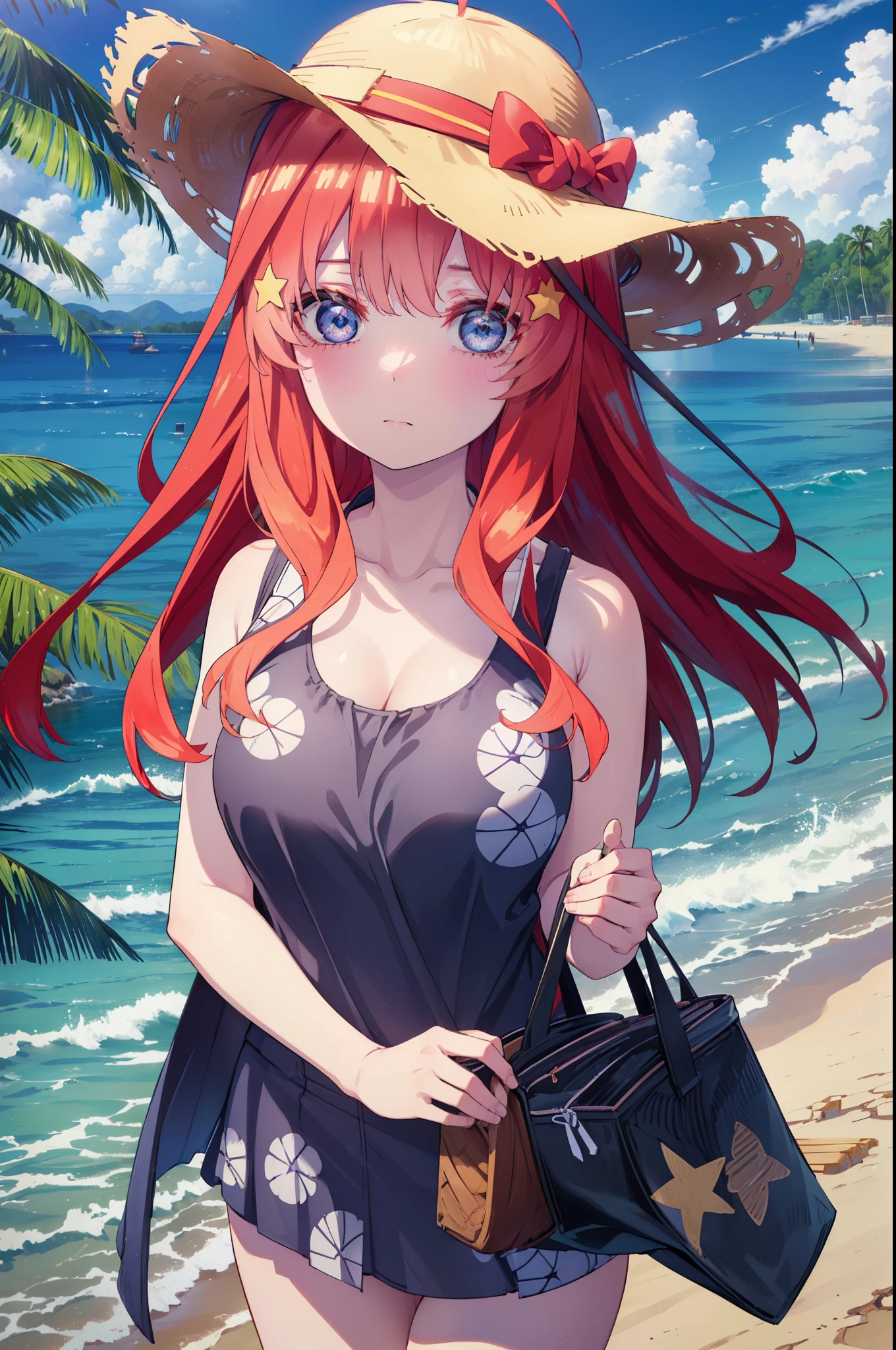 itsukinakano, itsuki nakano, bangs, blue eyes, hair between eyes, Ahoge, redhead, star \(symbol\), hair ornaments, star hair ornaments,big breasts,big straw hat, Red Bikini Swimsuit,(beach salon),   ((salon)), beach outfit,true summer,Palm tree,
break outdoors, beach,
break looking at viewer,whole body, (cowboy shot:1.5),
break (masterpiece:1.2), highest quality, High resolution, unity 8k wallpaper, (figure:0.8), (detailed and beautiful eyes:1.6), highly detailed face, perfect lighting, Very detailed CG, (perfect hands, perfect anatomy),
