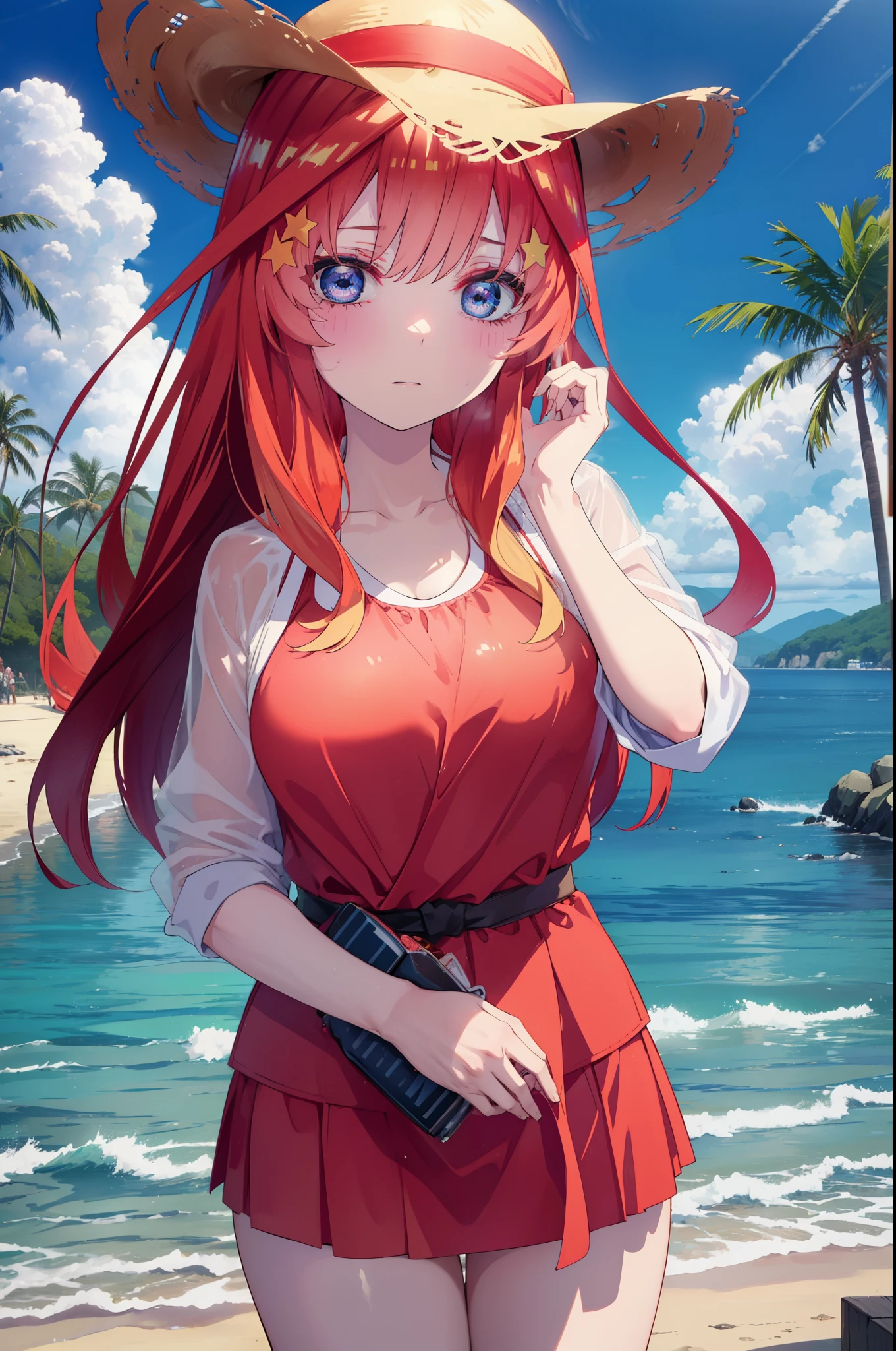 itsukinakano, itsuki nakano, bangs, blue eyes, hair between eyes, Ahoge, redhead, star \(symbol\), hair ornaments, star hair ornaments,big breasts,big straw hat, Red Bikini Swimsuit,(beach salon),   ((salon)), beach outfit,true summer,Palm tree,
break outdoors, beach,
break looking at viewer,whole body, (cowboy shot:1.5),
break (masterpiece:1.2), highest quality, High resolution, unity 8k wallpaper, (figure:0.8), (detailed and beautiful eyes:1.6), highly detailed face, perfect lighting, Very detailed CG, (perfect hands, perfect anatomy),