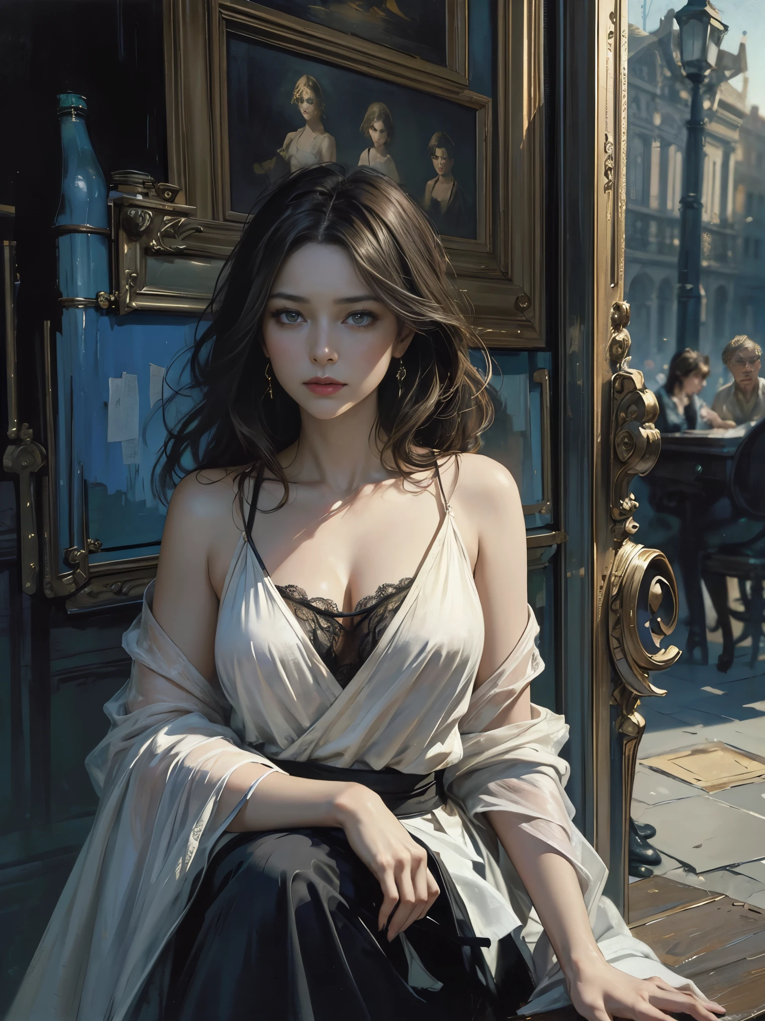 Photo of a beautiful woman standing on a street corner, with influence of Jeremy Mann, Jeremy Mann, style of Jeremy Mann, Jeremy Mann painting, Jeremy Mann art, Ron Hicks, Liepke, Jeremy Mann and alphonse mucha, Works that influenced Edmund Blampid, robert lenkiewicz, Casey Baugh and James Jean, Works that influenced Willem Kalf, Nick Alm, tumbler, figurative art, intense watercolor, watercolor detailed art,Beautiful and expressive paintings, Beautiful artwork illustration, wonderful, cool beauty, highest quality, official art, perfect composition,perfect angle, best shot, women only, sharp outline, Mysterious, nostalgia, nostalgia, romantic, fantasy, The blurred boundary between past and present, very beautiful and detailed eyes, beautiful and delicate eyes, ideal animation, In search of lost time, marcel proust, sentimental, Prague in the first half of the 20th century, Close-up