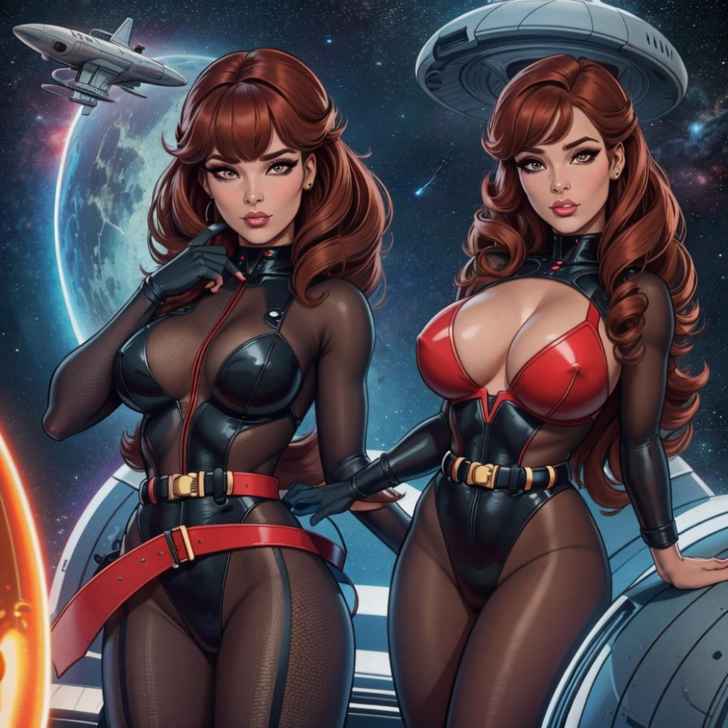 Best quality, 8K, woman space retro futurism, beautiful and detailed face, red curly long hair, bangs,big eyelashes,LOOKING TO observer,TAN bodystocking, black belt,sci-fi RETRO SPACESHIP scenario