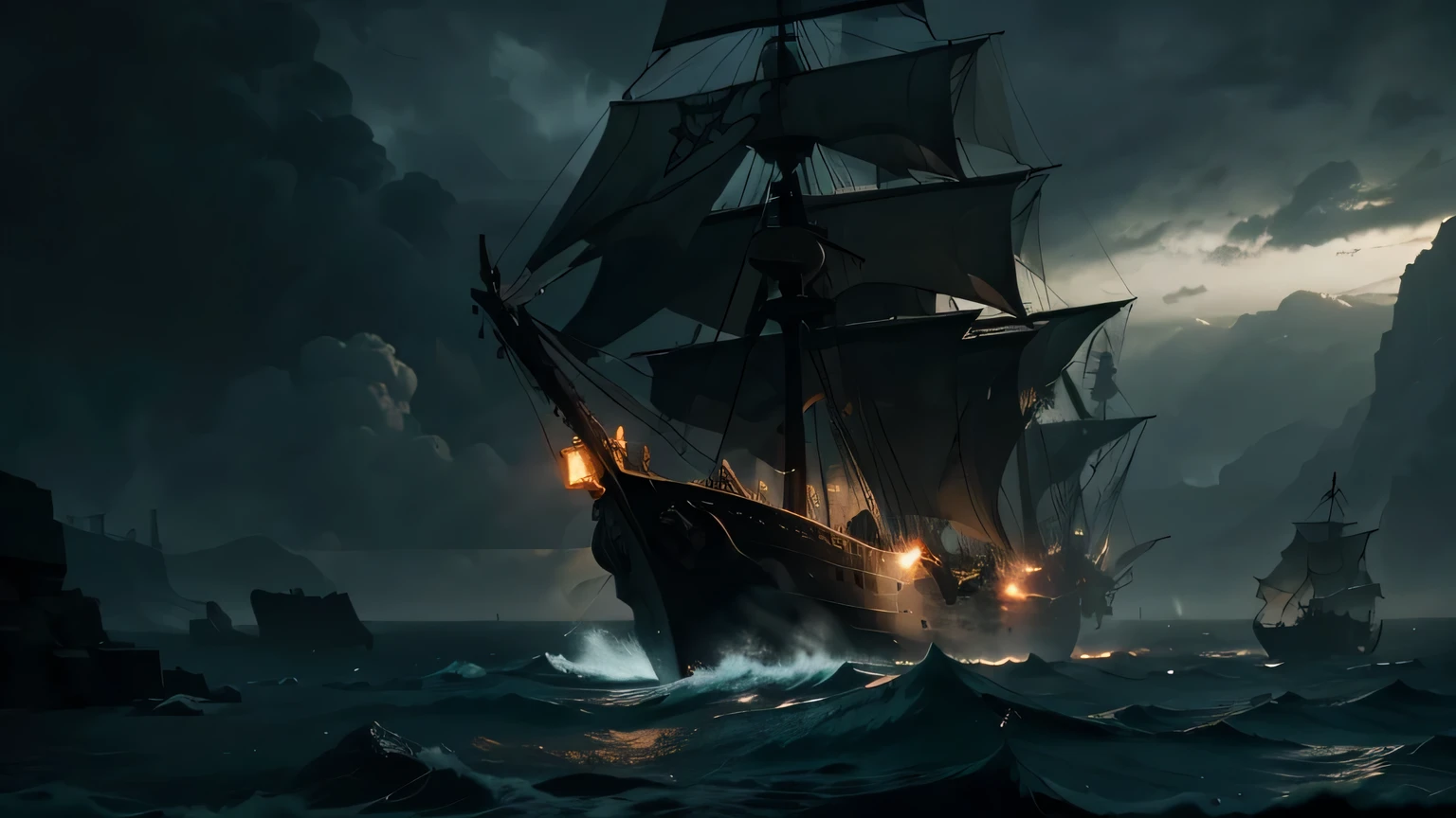 An epic fantasy scene of a pirate ship, stormy atmosphere. cinematic view, sharp detail.