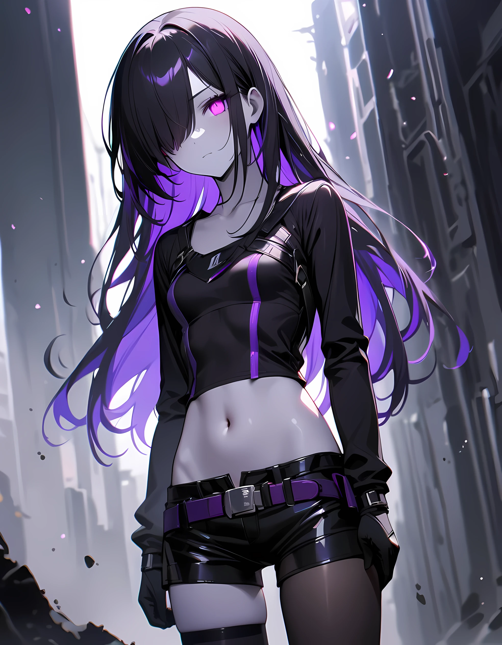 detailed, (masterpiece:1.2), (pale_skin:1.2), (solo:1.2), (female), slender, (glowing_eyes), long hair, bangs, black hair, thighhighs, gloves, long sleeves, navel, collarbone, closed mouth, purple hair, multicolored hair, shorts, black gloves, midriff, belt, hair over one eye, short shorts, black shorts, (single_thighhigh)