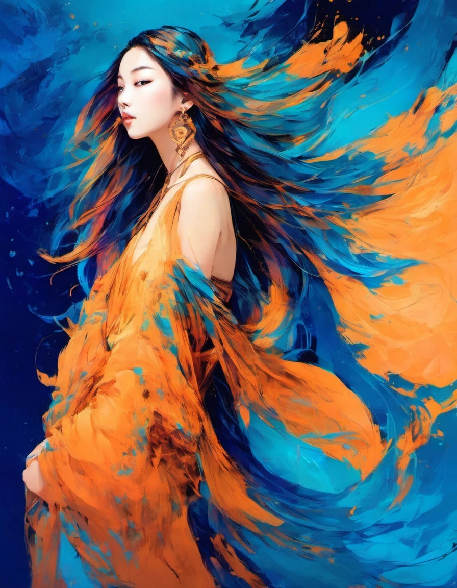 Hip-hop girls，Scriptures，Dunhuang art style illustration，Dunhuang art style，zen，Zen，gradient blue color, blue and orange，fluid movements ，Smooth movement，Show the smoothness of the picture，
