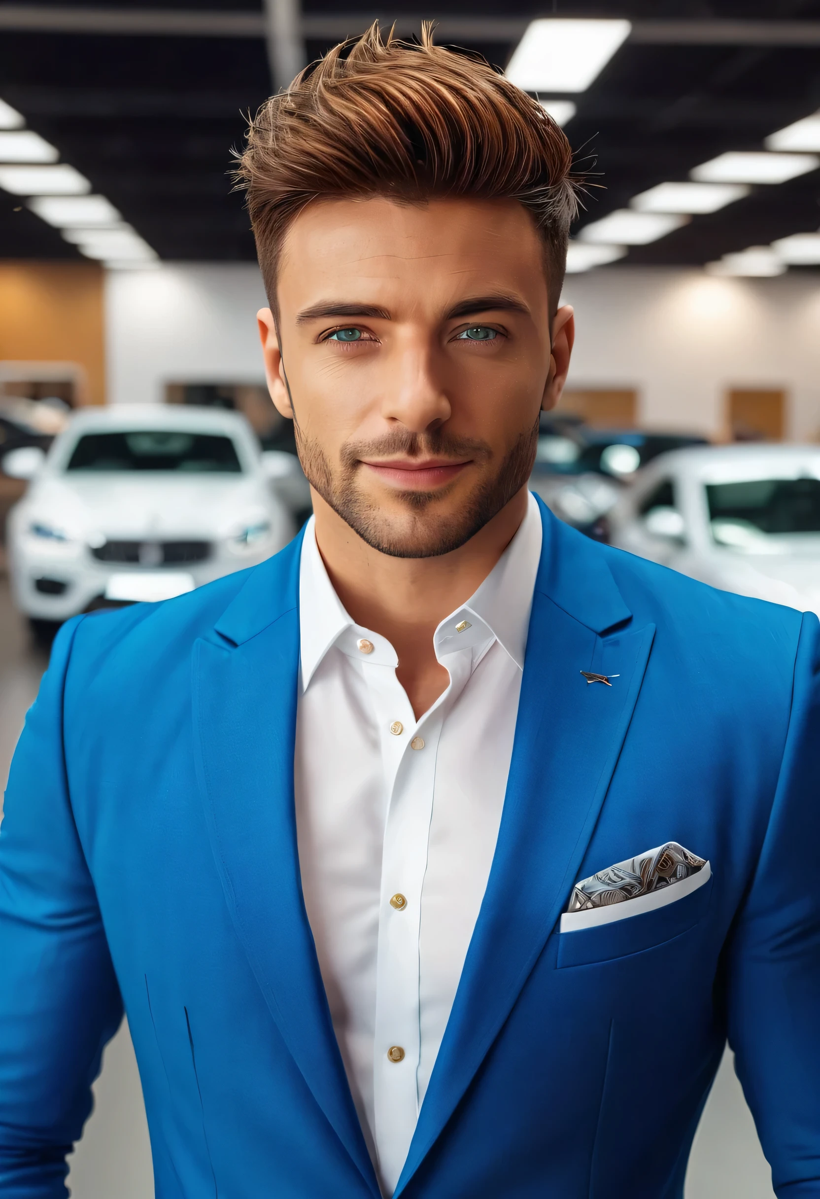 masterpiece, 1 handsome man at a car dealer, green eyes, top-quality, 8K, high resolution, Realisticity: 1.4, european, Super male, muscular body, standing at the center, (A hyper-realistic), (high resolution), (8K), (highly detailed), (ultra-detailliert), (Natural smile) , A detailed face, Bright lighting, professional lighting, looking at viewer, full-body view, facing straight ahead, (The costume a blue suit), modern haircut, shaved clean, messy hair, Brown hair, age25, tall
