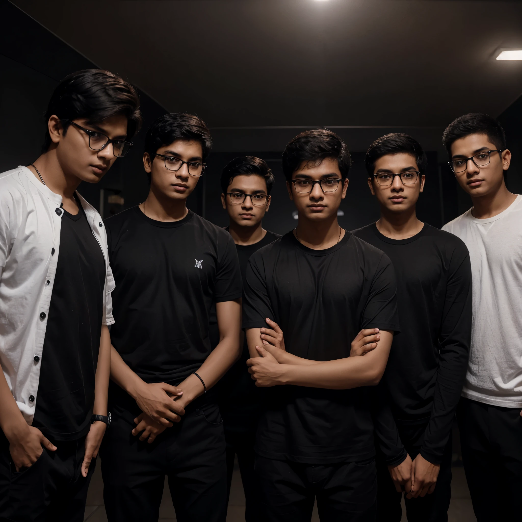 Generate AI of 6 boys wearing (black shirt ,black pant and a black specs ) with name written on their shirts -( HARSH , RONAK , UJWAL, SUJAL , GAURAV , SUMMAN) all standing side by side 