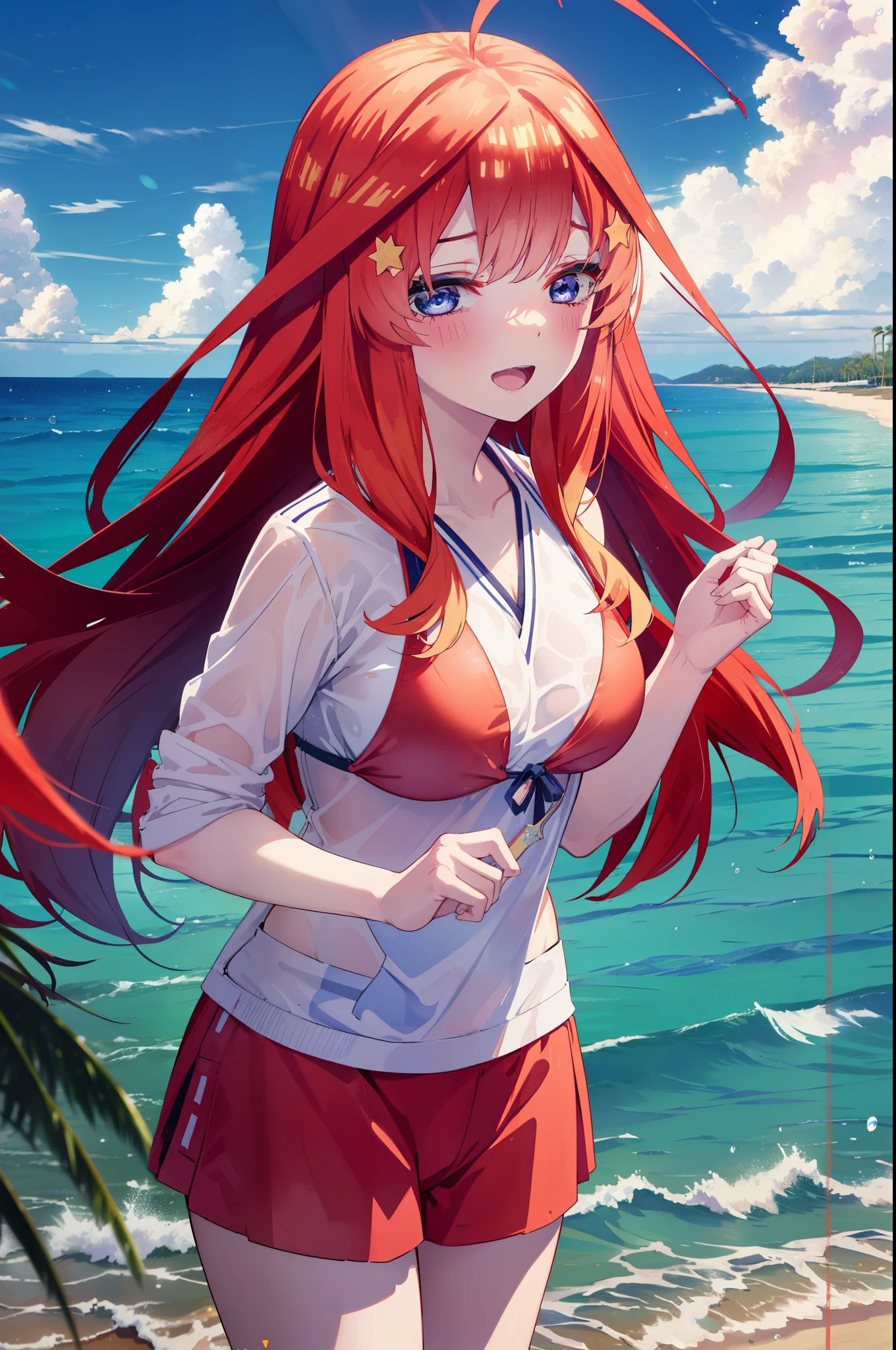 itsukinakano, itsuki nakano, bangs, blue eyes, hair between eyes, Ahoge, redhead, star \(symbol\), hair ornaments, star hair ornaments,big breasts,Smile, smile, open your mouth,big straw hat, Red Bikini Swimsuit,(beach salon),   ((salon)), beach outfit,true summer,Palm tree,
break outdoors, beach,
break looking at viewer,whole body, (cowboy shot:1.5),
break (masterpiece:1.2), highest quality, High resolution, unity 8k wallpaper, (figure:0.8), (detailed and beautiful eyes:1.6), highly detailed face, perfect lighting, Very detailed CG, (perfect hands, perfect anatomy),