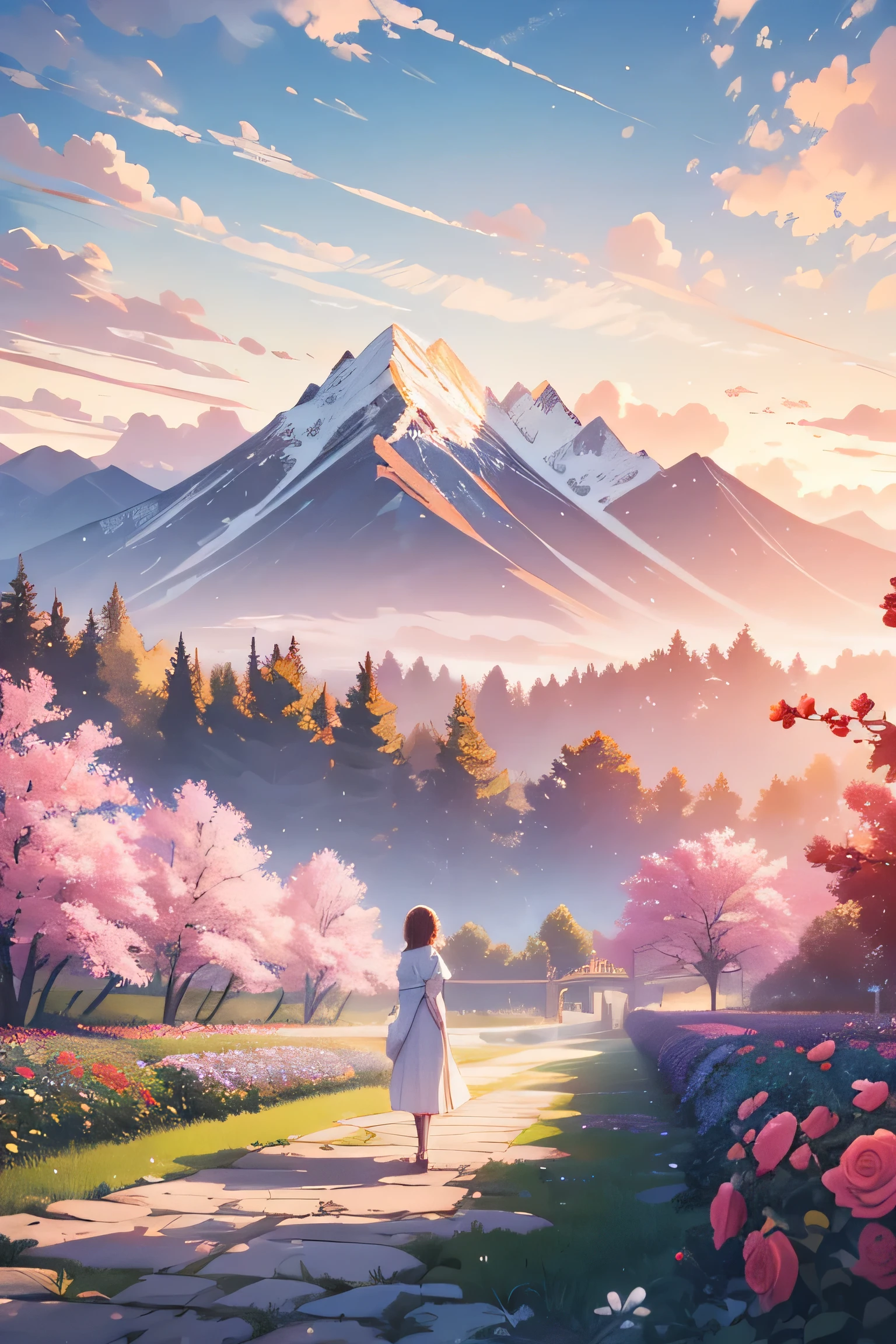 Nestled within a sprawling rose garden, vibrant blooms of red, pink, and white blanket the landscape in a riot of color. Standing tall amidst the blossoms, a solitary tree reaches towards the heavens, its branches outstretched as if embracing the beauty that surrounds it. From the tree's perspective, the scene unfolds with breathtaking majesty.
In the distance, towering mountains loom against the horizon, their peaks shrouded in wisps of swirling clouds. The sun begins its ascent from behind the majestic mountain range, casting a warm, golden glow upon the serene landscape below. The clouds, touched by the first light of dawn, take on a fluffy, ethereal quality, adding to the sense of tranquility that permeates the scene.
Inspired by the art style of the acclaimed anime film "Your Name," create an image that captures the beauty and serenity of nature's embrace. Pay close attention to detail, from the intricate patterns of the roses to the subtle play of light and shadow upon the landscape. Let the colors be soft and muted, reflecting the peacefulness of the early morning hours. Above all, convey a sense of wonder and awe, inviting the viewer to lose themselves in the breathtaking beauty of this idyllic garden vista.