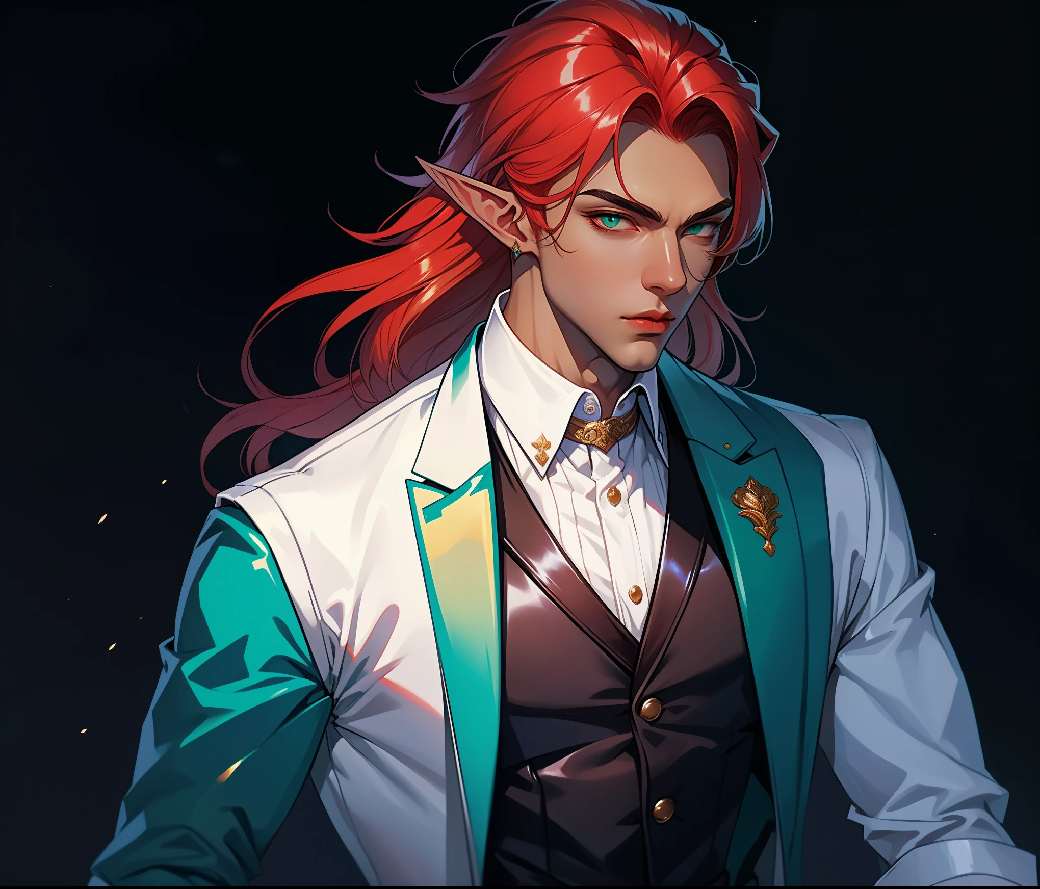 (((Masterpiece))), top quality, handsome dapper male elf, super detailed, kind and sophisticated, white corset vest, pants, shiny skin, long red hair, teal eyes, (dark skin), light background, ((male focus)).