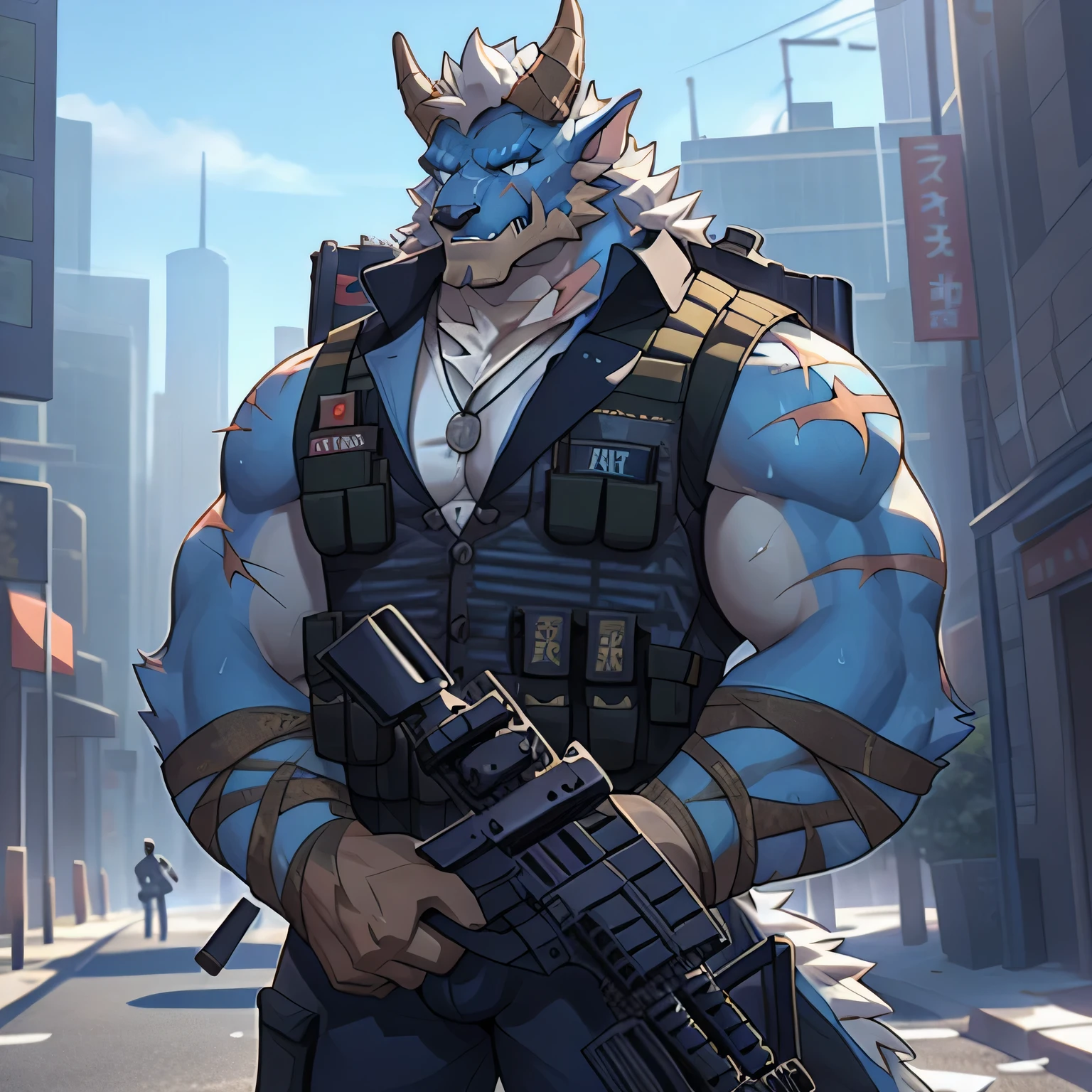 (dragon), two colors, There are scars on the face, Wearing sunglasses on head,The necklace hangs around the neck,(muscular body:1.3), There are scars on the face, Handsome, OK,(There are scars on the face), on the street,(Express),(city background),(There are scars on the face:1.2),look at screen,(dragon horn),(Dragon tail),perfect masterpiece,(16K),alone,((Strong)),,(hands crossed),(dick:1.2),Perfect proportion,front,hands crossed,Sweat,(hands crossed:1.5),(Have a gun in hand:1.3),(intense expression:1.2),(imagine:1.5),(with rifle in hands:1.8),Strong,muscle,with dragon wings,more details,CG,(dragon), torso,((Have a gun in hand)), (Bulletproof vest)),Serious expression