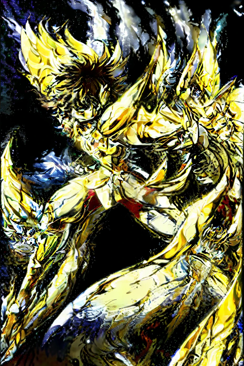 Saint Seiya: (1.0) best quality, (1.1) ultra-high resolution, (1.2) ultra-detailed, (1.2) masterpiece, (2.0) anime style, (2.1) Saint Seiya themed, (3.0) Cloth-wearing warriors, (3.1) gold armor-clad, (3.2) mythological beings, (4.0) intricately designed armor, (4.1) flowing hair, (5.0) intense gazes, (5.1) dynamic poses, (5.2) vibrant colors, (6.0) glowing Cosmos Symbols