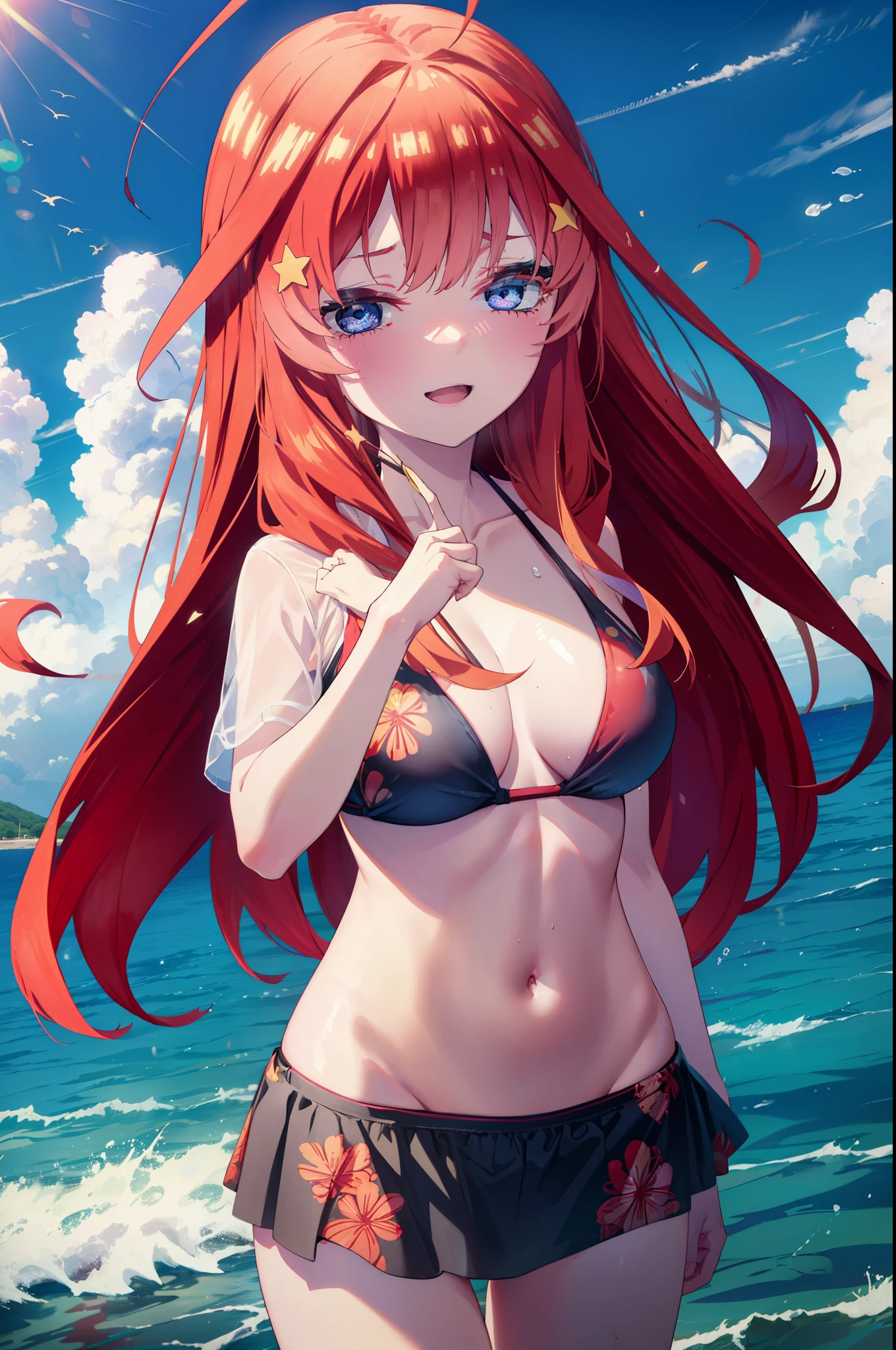 itsukinakano, itsuki nakano, bangs, blue eyes, hair between eyes, Ahoge, redhead, star \(symbol\), hair ornaments, star hair ornaments,big breasts,Smile, smile, open your mouth,big straw hat, Red Bikini Swimsuit,(beach salon), ((salon)), beach outfit,true summer,Palm tree,
break outdoors, beach,
break looking at viewer,whole body, (cowboy shot:1.5),
break (masterpiece:1.2), highest quality, High resolution, unity 8k wallpaper, (figure:0.8), (detailed and beautiful eyes:1.6), highly detailed face, perfect lighting, Very detailed CG, (perfect hands, perfect anatomy),