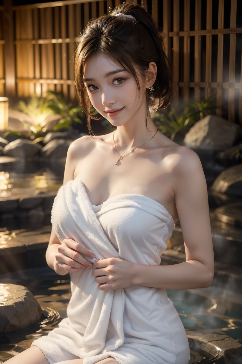 (best quality, 8k,32k,masterpiece, UHD:1.2),extremely detailed CG unity 8k wallpaper,intricate details,Raw photo,(photorealistic:1.4),atmosphere,ultra high res,Realistic,Real,Huge_filesize,incredibly absurdres,(centered:1.3),Ultra illustration,(ultra-detailed),dramatic lighting,various colors,depth of field,art by krenz cushart,golden hour lighting,taken by Canon EOS,SIGMA Art Lens 35mm F1.4,ISO 200 Shutter Speed 2000,blurry background,
BREAK,
1girl,(smile:1.4),slim body,(ponytail:1.4),solo,20-year-old Japanese beautiful woman, (onsen, white bath towel:1.6),(light brown hair:1.5),((brown eyes)),Large breasts,chest, Soft white skin that shines with every detail,pale skin,Very beautiful face,Very well-formed face,Natural and realistic face,Best,beautiful detailed eyes,striking eyes,Eyes drawn in detail, smile with your mouth closed,Detailed mouth,Detailed lips,shiny beautiful lips,Glossy lips,simple earrings,necklace,jewelry, solo focus,low neckline,
BREAK,
Front lighting,kool,Standing,sensual expression, BREAK,
(Dutch angle:1.4),looking at viewer,
BREAK,tzuyu,yui aragaki,