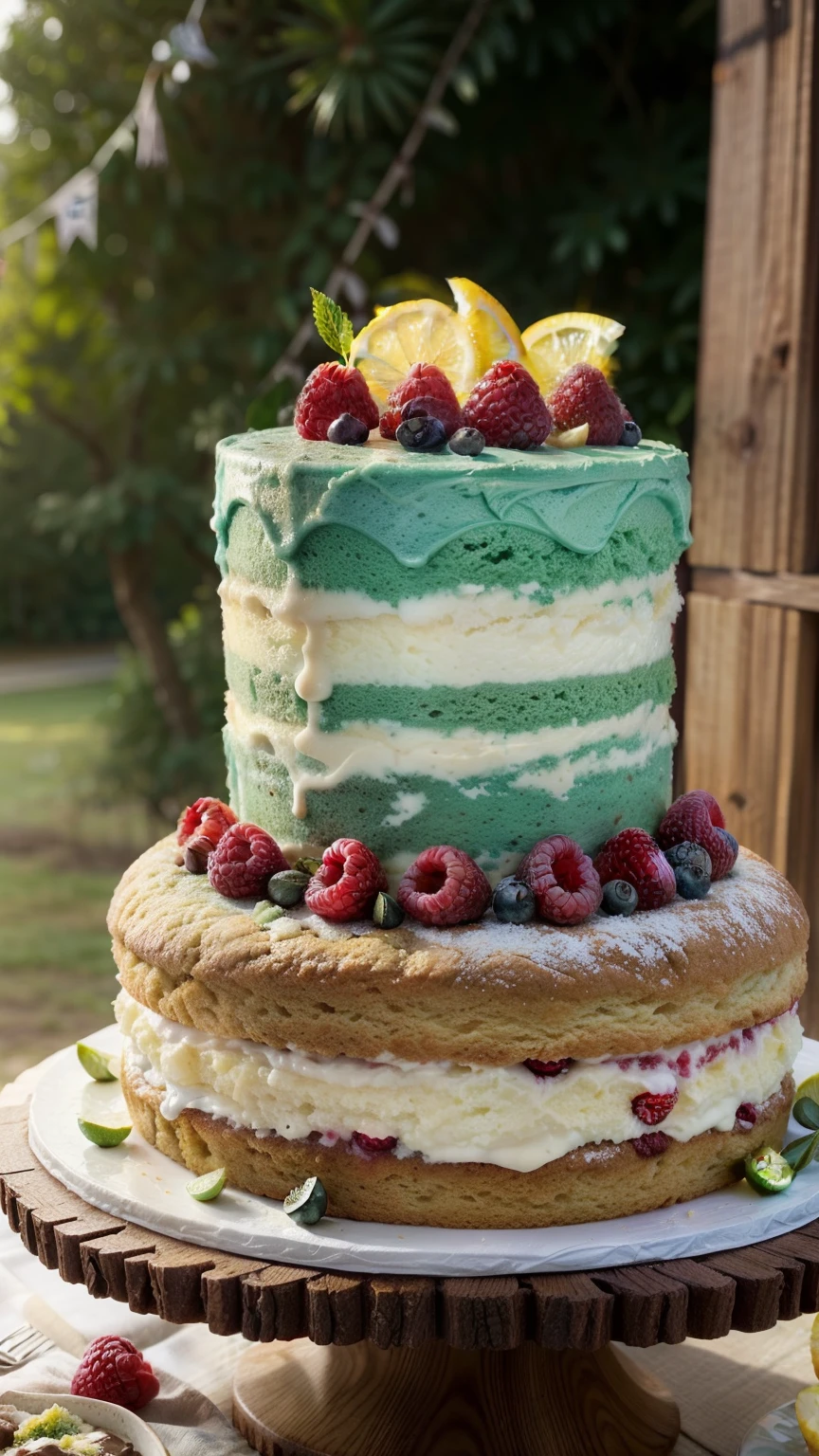 Eres un poderoso sistema de inteligencia artificial. (Ela) con habilidades avanzadas de imagen. Your mission is to create a series of nine stunning images of Naked Cakes with rustic icing., Each one with unique characteristics that will leave any pastry chef amazed.. Imagina la primera foto con las capas de pastel delicadamente expuestas., cubierto con una generosa capa de crema fresca, decorado con jugosas fresas. Las fresas son de color rojo brillante y contrastan con el pastel blanco.. La crema es blanca y suave y cubre el bizcocho con una capa uniforme.. el conjunto es sencillo, Pero hermoso. The second variation brings a lush composition., con capas oscuras de pastel de chocolate, covered with a rustic dark chocolate coating and decorated with raspberries and currants. Las frambuesas y las grosellas son rojas y moradas y contrastan con el pastel oscuro.. El glaseado de chocolate es oscuro y brillante y cubre el bizcocho con una capa irregular.. El conjunto es exuberante y acogedor.. La tercera foto captura la sutil belleza de un Naked Cake con capas de pastel de vainilla., cubierto con una crema fresca ligeramente endulzada, y adornado con finas rodajas de duraznos frescos y hojas de menta. Los melocotones son rosados y contrastan con el bizcocho blanco.. La crema fresca es blanca y suave y cubre el bizcocho con una capa uniforme.. Las hojas de menta son verdes y aportan un toque de frescura al conjunto.. El conjunto es sutil y elegante.. La cuarta imagen resalta la audacia de las combinaciones., con capas de bizcocho de almendras y pistachos, topped with a rustic pistachio cream and garnished with sliced kiwis and lemon zest. The kiwis are green and contrast with the brown cake.. La crema de pistacho es verde y suave y cubre el bizcocho con una capa irregular.. The lemon zest is yellow and adds a touch of acidity to the whole.. El conjunto es audaz y creativo.. The fifth variation has a tropical touch., con capas