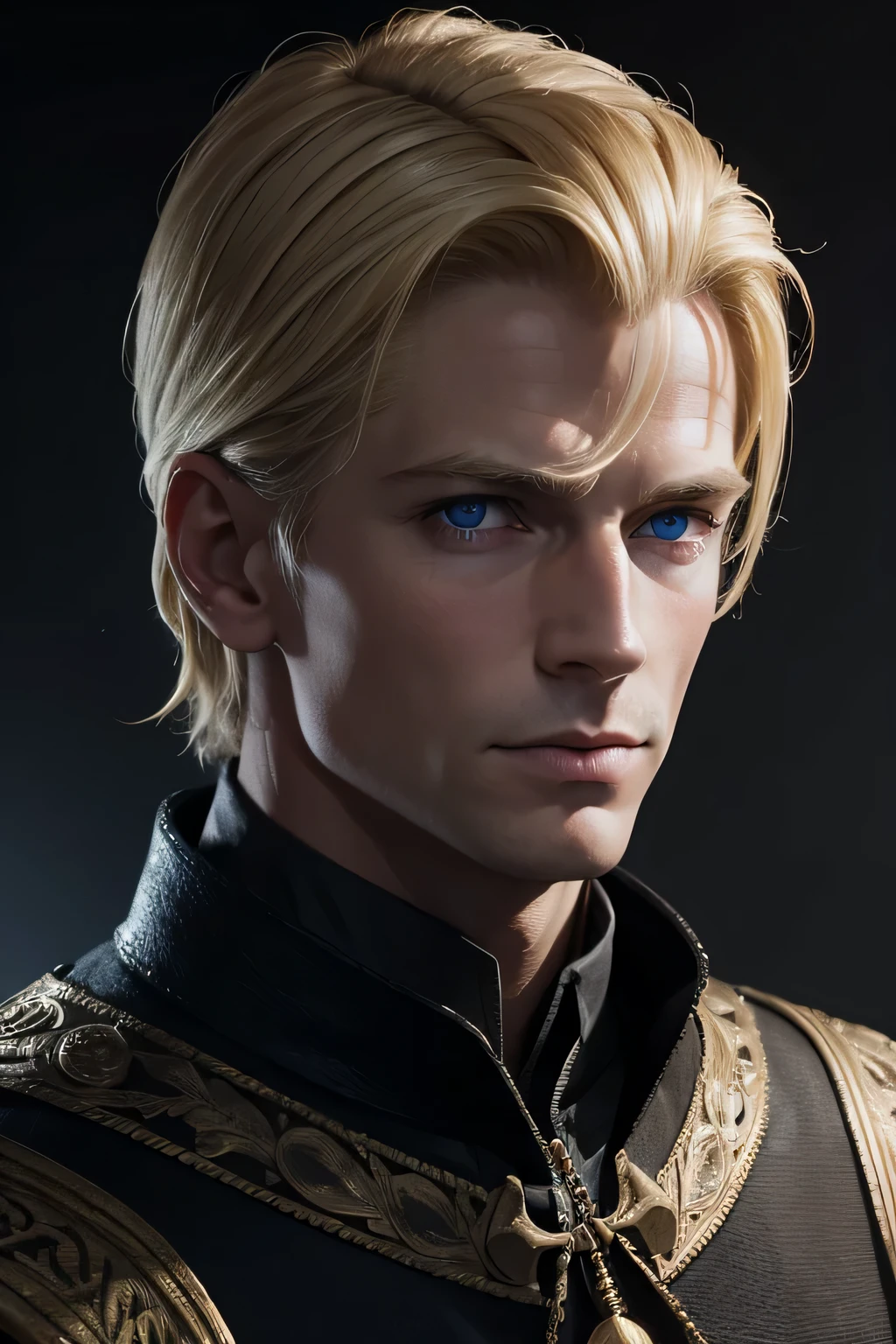 Middle Ages, brutal blond man, 50 years old, shaved temples, wide nose, blue eyes.