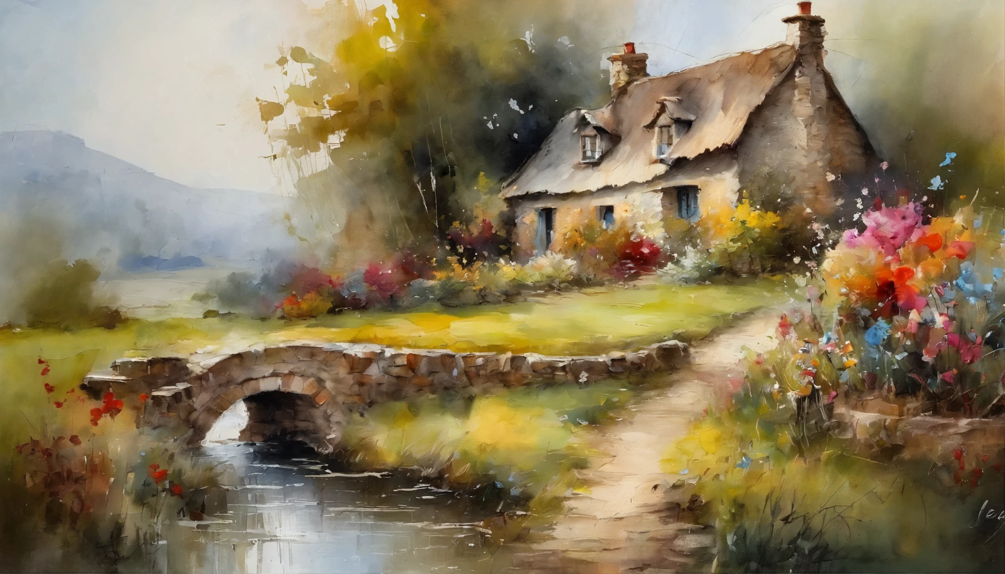 a serene and picturesque scene of a cozy stone cottage with a thatched roof, surrounded by nature, a garden around the house lush and blooming with various flowers, with a cobblestone path leading up to the house, crossing over a small stone bridge that spans across a calm stream, afternoon lighting, high detail, watercolor painting, style of Carne Griffiths