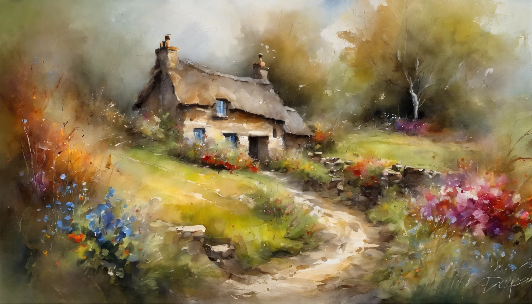 a serene and picturesque scene of a cozy stone cottage with a thatched roof, surrounded by nature, a garden around the house lush and blooming with various flowers, with a cobblestone path leading up to the house, crossing over a small stone bridge that spans across a calm stream, afternoon lighting, high detail, watercolor painting, style of Carne Griffiths