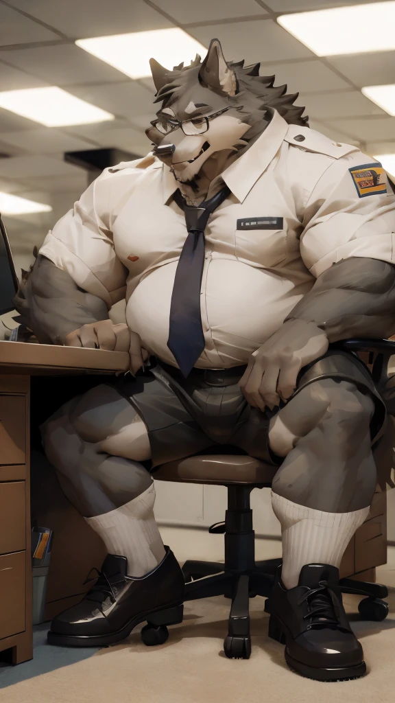 werewolf，fluffy gray fur，Very strong body with fat muscles，office，Wear a light blue shirt，Thick legs，wearing glasses，A happy look，sitting，leather shoes，black shorts，black transparent socks，blurry eyes，blush