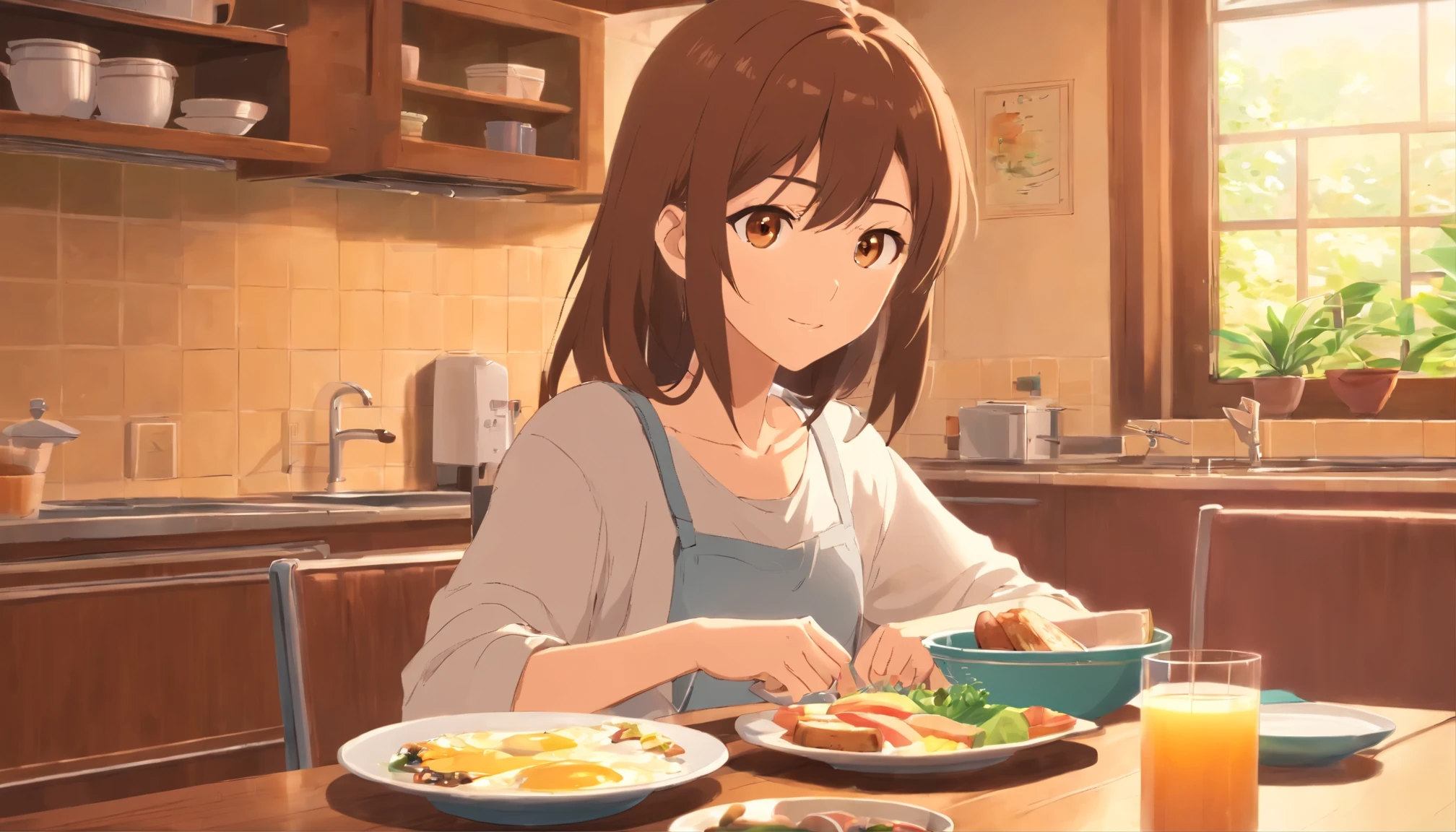 Create illustrations that depict attractive 2D anime scenes: 18 year old girl with long brown hair,brown eyes,Having breakfast at the table