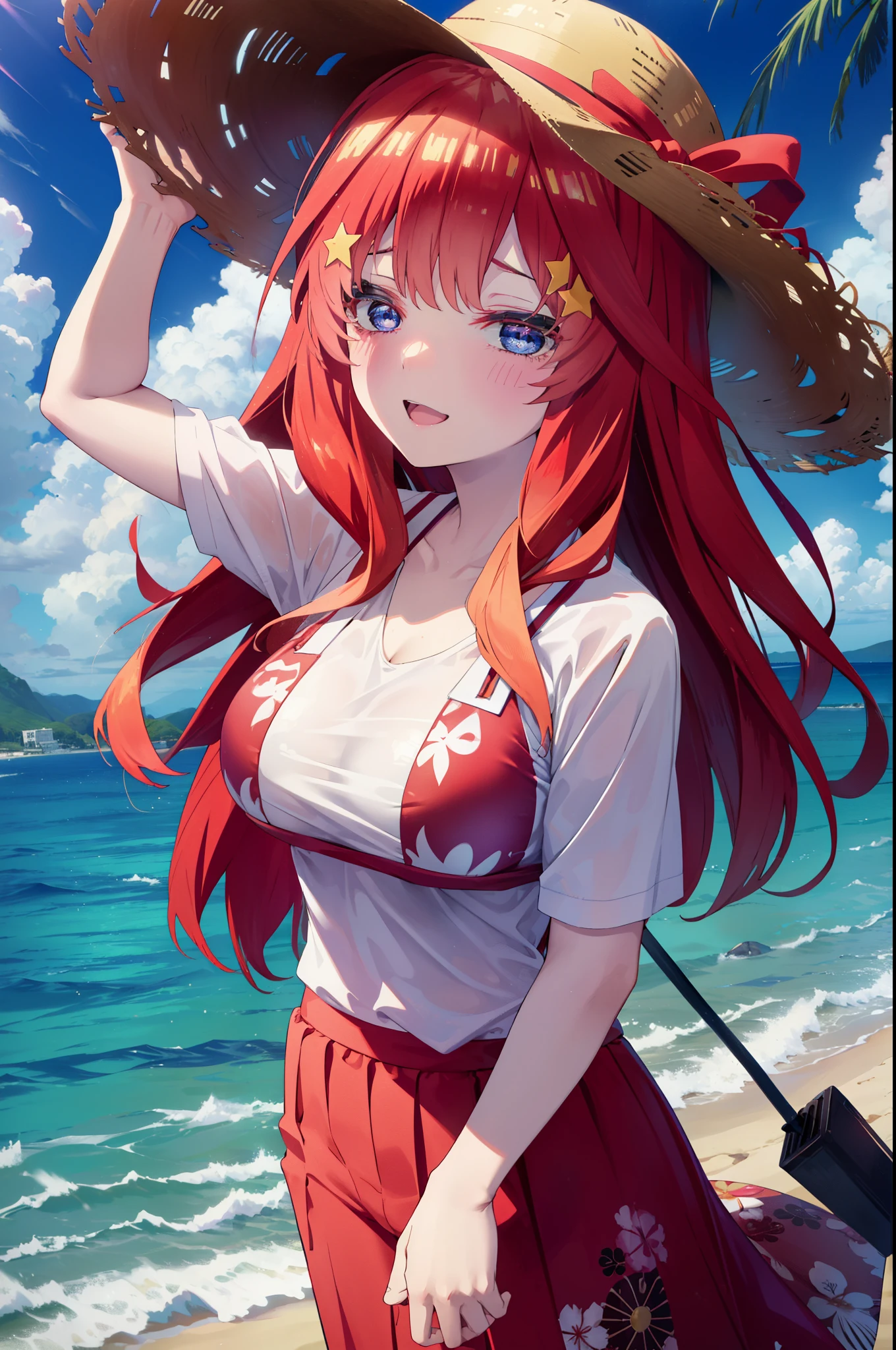 itsukinakano, itsuki nakano, bangs, blue eyes, hair between eyes, Ahoge, redhead, star \(symbol\), hair ornaments, star hair ornaments,big breasts,Smile, smile, open your mouth,big straw hat, Red Bikini Swimsuit,(beach salon), ((salon)), beach outfit,true summer,Palm tree,
break outdoors, beach,
break looking at viewer,whole body, (cowboy shot:1.5),
break (masterpiece:1.2), highest quality, High resolution, unity 8k wallpaper, (figure:0.8), (detailed and beautiful eyes:1.6), highly detailed face, perfect lighting, Very detailed CG, (perfect hands, perfect anatomy),