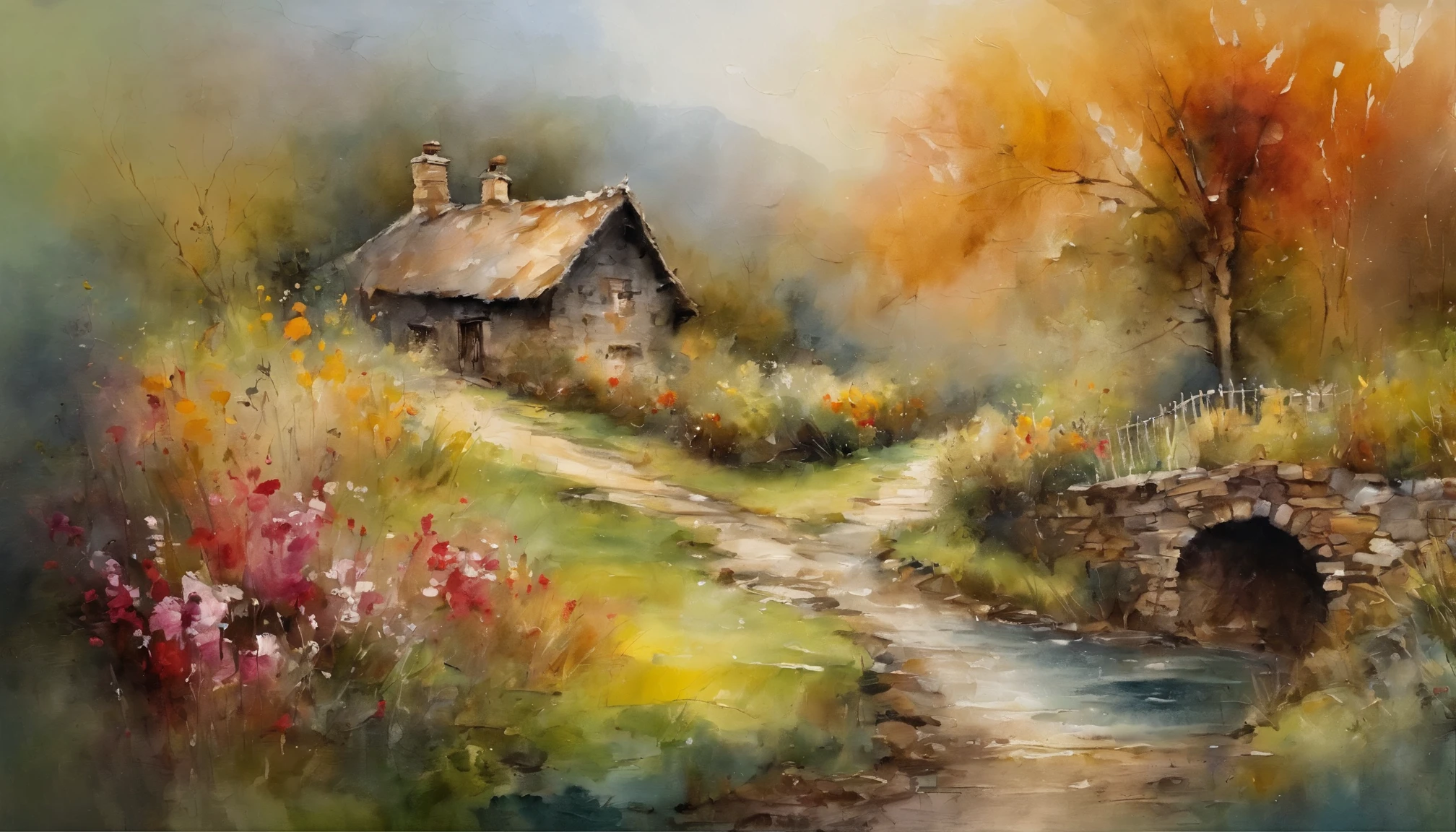 a serene and picturesque scene of a cozy stone cottage with a thatched roof, surrounded by nature, a garden around the house lush and blooming with various flowers, with a cobblestone path leading up to the house, crossing over a small stone bridge that spans across a calm stream, afternoon lighting, high detail, watercolor painting, style of Carne Griffiths