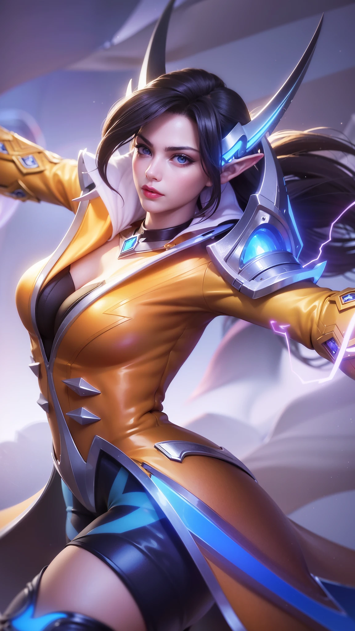 (female:1.2), 8k, ultra hd, ultra detailed texture, hyper realistic, masterpiece, detailed texture, detailed face, detailed skin, detailed lighting, (photorealistic:1.5), best quality, beautiful lighting, cinematic lighting, professional lighting, ultra highres, realistic, detailed hair, real hair, high quality, (realskin:1.5), extremely detailed, finely detail, ultra-detailed, 1girl, solo, floating, (blue eyes), glowing eyes, red lips, v-shapped eyes, closed mouth, angry, colored skin, dark skin, purple skin, nose, pretty, beautiful, make up, evil smile, short hair, black hair bangs, large breasts, thigh, pauldrons, black pants, belt, purple coat, mechanical wings, armor shoulder, gloves, eudora \(mobile legends\), depth of field, looking aways, skin tight, amazing pose, glowing electric, lighting, cinematic background, elf ears.