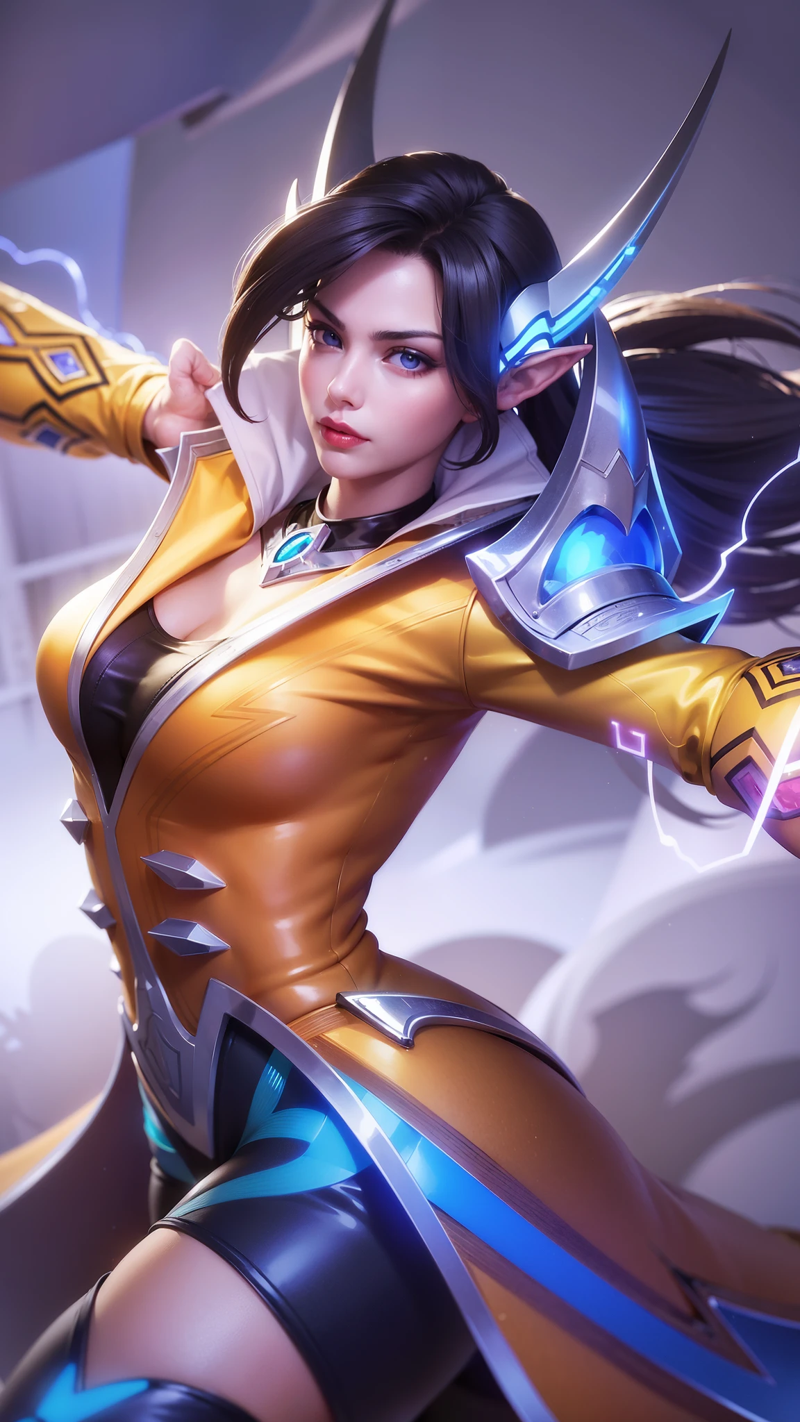 (female:1.2), 8k, ultra hd, ultra detailed texture, hyper realistic, masterpiece, detailed texture, detailed face, detailed skin, detailed lighting, (photorealistic:1.5), best quality, beautiful lighting, cinematic lighting, professional lighting, ultra highres, realistic, detailed hair, real hair, high quality, (realskin:1.5), extremely detailed, finely detail, ultra-detailed, 1girl, solo, floating, (blue eyes), glowing eyes, red lips, v-shapped eyes, closed mouth, angry, colored skin, dark skin, purple skin, nose, pretty, beautiful, make up, evil smile, short hair, black hair bangs, large breasts, thigh, pauldrons, black pants, belt, purple coat, mechanical wings, armor shoulder, gloves, eudora \(mobile legends\), depth of field, looking aways, skin tight, amazing pose, glowing electric, lighting, cinematic background, elf ears.