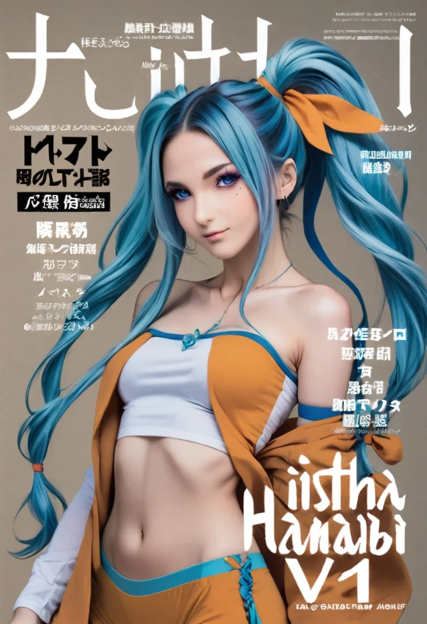 Aisha Hanabi in a magazine cover named, " Aisha Hanabi v1 ", blue hair, flat chested, mole under eye, magazine cover named, " Aisha Hanabi v1 ", 