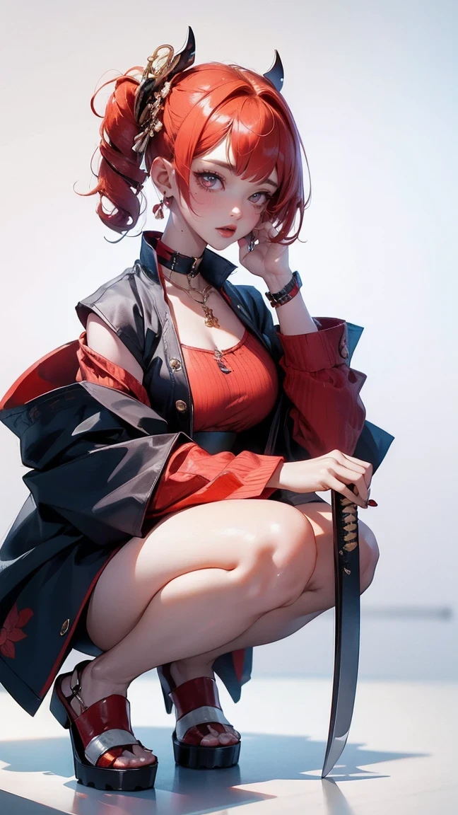 (masterpiece:1.2), best quality,CG,3d, samurai girl,
1 sister, Red eyes, ear nipple ring, alone, hair color, jewelry, looking at the audience, Vague, Full body female love, through bangs, red hair clothes, jacket, Squat down, Vague background, collar, Short hair details, long sleeves, red nails, shut up, red footwear, Floral fragrance, red top, striped hair,katana sword