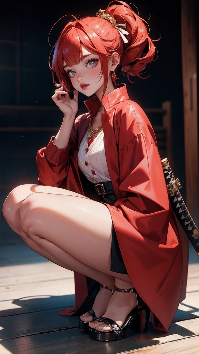 (masterpiece:1.2), best quality,CG,3d, samurai girl,
1 sister, Red eyes, ear nipple ring, alone, hair color, jewelry, looking at the audience, Vague, Full body female love, through bangs, red hair clothes, jacket, Squat down, Vague background, collar, Short hair details, long sleeves, red nails, shut up, red footwear, Floral fragrance, red top, striped hair,katana sword