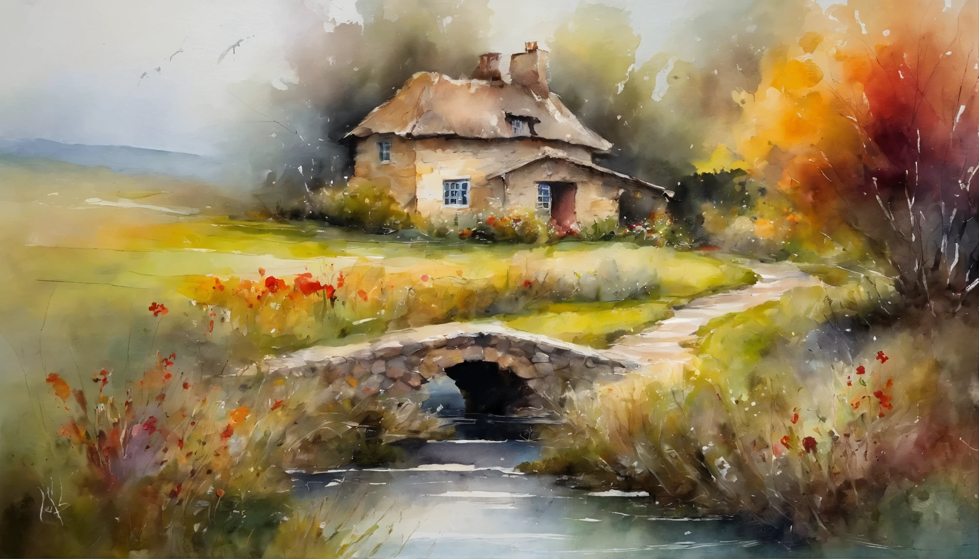  a serene and picturesque scene of a cozy stone cottage with a thatched roof, surrounded by nature, a garden around the house lush and blooming with various flowers, with a cobblestone path leading up to the house, crossing over a small stone bridge that spans across a calm stream, afternoon lighting, high detail, watercolor painting, style of Carne Griffiths