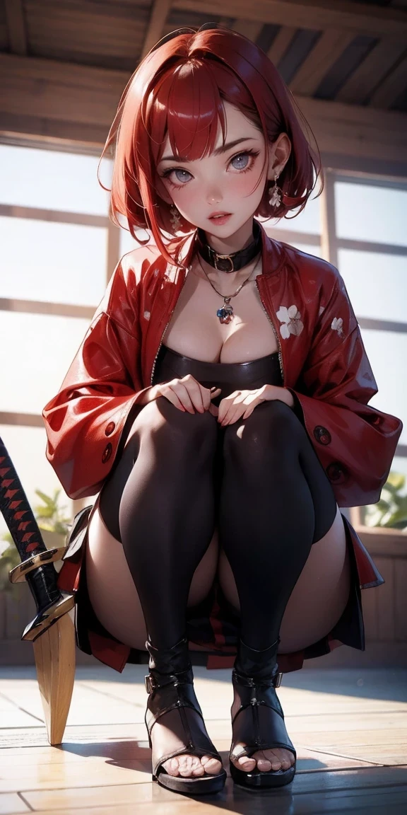 (masterpiece:1.2), best quality,CG,3d, samurai girl,
1 sister, Red eyes, ear nipple ring, alone, hair color, jewelry, looking at the audience, Vague, Full body female love, through bangs, red hair clothes, jacket, Squat down, Vague background, collar, Short hair details, long sleeves, red nails, shut up, red footwear, Floral fragrance, red top, striped hair,katana sword
