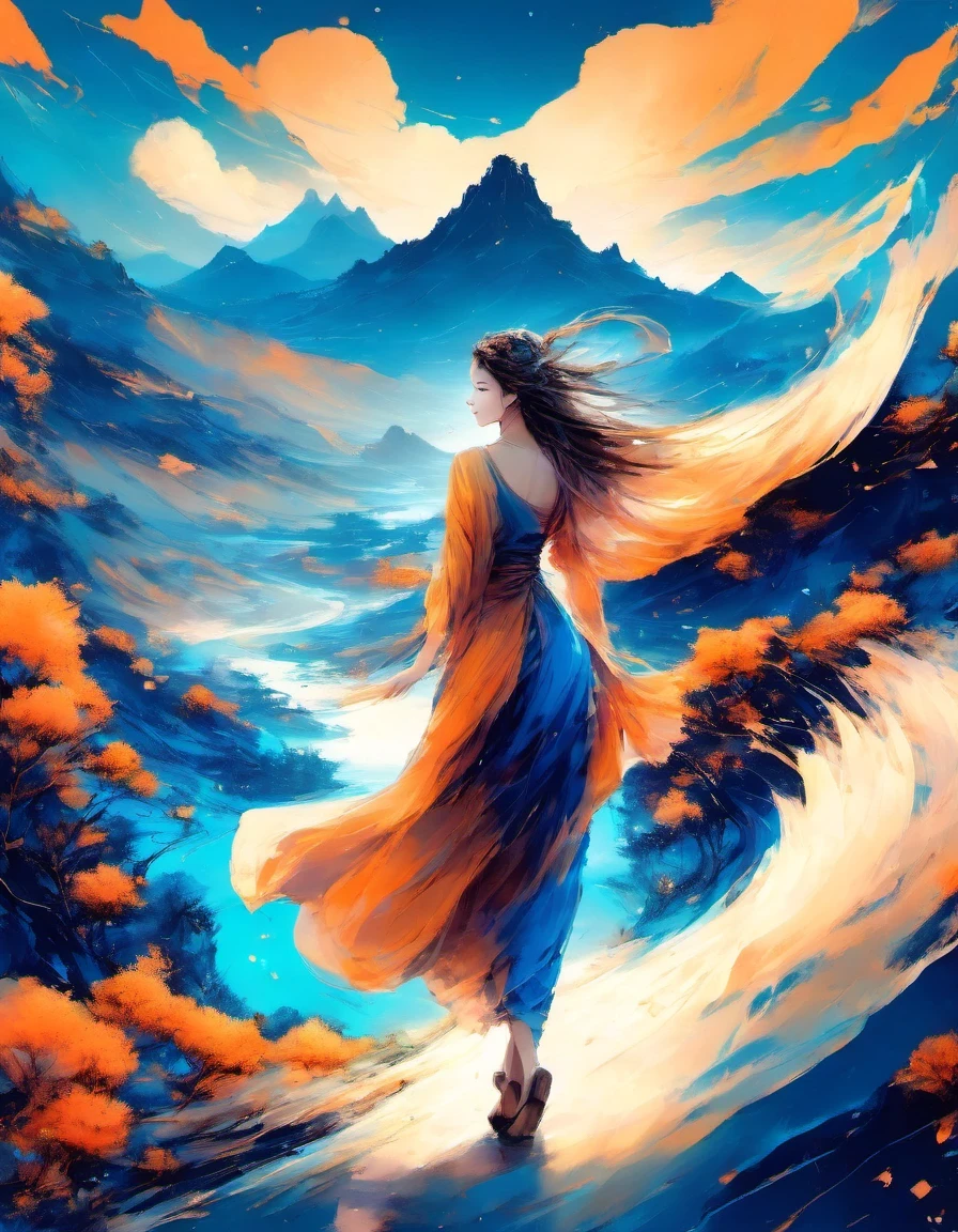 (best picture quality,4K,HD:1.2),Super delicate,(Realistic,lifelike:1.37),Mountain,road,newspaper,The girl dances like a wave with lots and lots of fax paper,There's a magic spell floating on it,Lots of floating magic spells,Illustrations in Dunhuang art style,zen style,gradient blue,blue and orange,smooth movements,clear focus,fantasy,romantic。