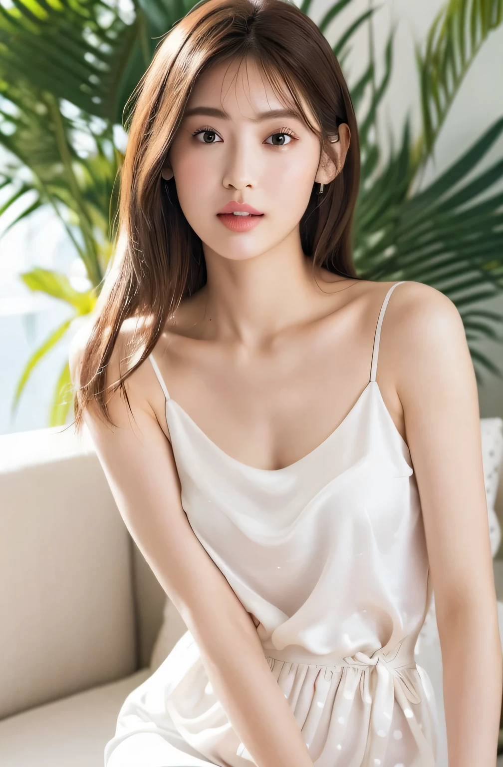 ((highest quality, 8K, masterpiece :1.3)), (realistic, Photoreal:1.4), sharp focus：1.2, 
Bright colors, professional level, shallow depth of field, 
20-year-old, 1 person, A beautiful face with intelligence, 
Supple body :1.3, model body shape:1.5, 頭w:1.4, perfect style：1.4, 
narrow shoulders, beautiful clavicle, long and thin legs, The beauty of slim abs :1.2, thin waist :1.2, 
super detailed skin, Fair skin, Shiny skin, 
super detailed face, slim facial contour, beautiful small face, Beautiful lined nose, 
super detailed eyes, long slit eyes, brown eyes, double eyelid, beautiful thin eyebrows, fine long eyelashes, 
super detailed lips, plump lips, glossy pink lips, flushed cheeks, beautiful teeth, 
Beautiful actress&#39;s ennui makeup, pink lipstick, silver necklace, earrings, 
light brown hair, delicate soft hair, 
(hair up, medium long hair :1.2), layer cut, (dull bangs:1.2), 
(Dress up with trendy fashion:1.2), 
gentle smile, open mouth half way, Enchanted expression, stare at the camera, 
dynamic lighting, ((Hasselblad Photos)), 

((She is completely naked and is wearing a tight white satin blouse with polka dots., The front of her blouse is open, exposing her breasts:1.2)), 
(perfect breast shape, B cup:1.2), A small pink areola, 
She has a cute plump butt, My thighs are dazzling, 
(View from the front, pay attention to the ankles:1.2), 

blue sky and aegean sea, sea beach, The horizon of the ocean spreading out in the background, 
walking with beautiful posture, 
Posing with palms like a , spreading my legs, 
cinematic lighting, midsummer rays, Bright light shining all over, 