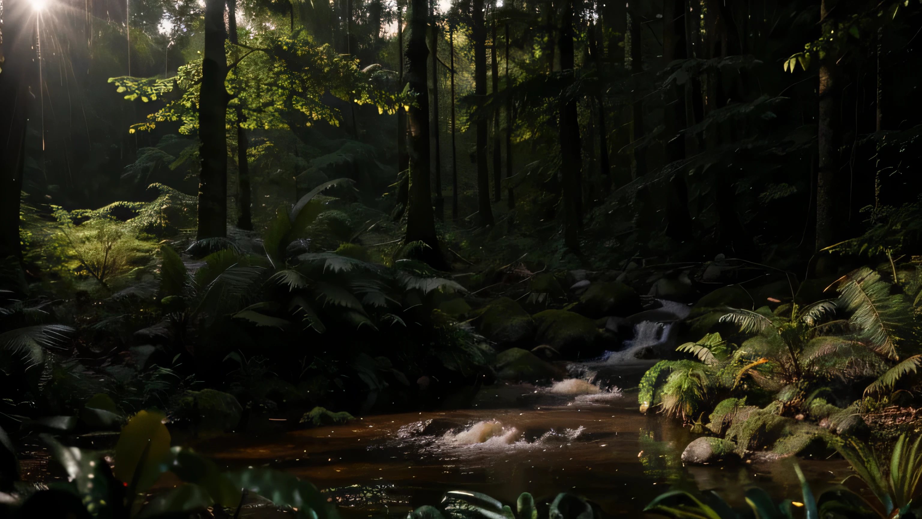 POV, forest, rain forest, sunlight, warm, wet, lens flare, RAW photo, film grain, 6pm, low light