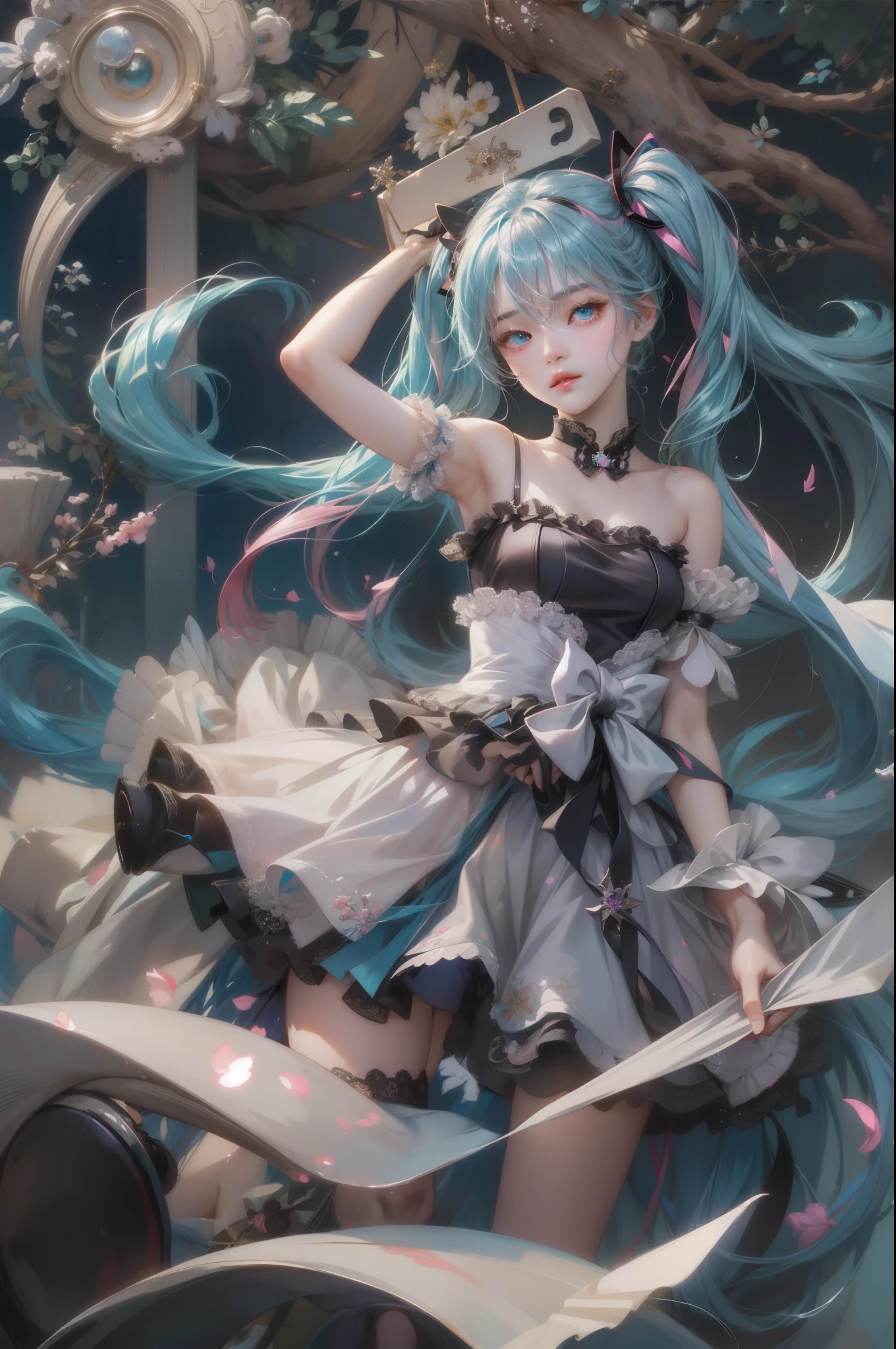 The subject in this picture is an anime character, and this character is Hatsune Miku. In the picture, she is wearing a gorgeous blue and purple gown, and she is holding a card with joker written on it. Hatsune Miku's gown has a lot of details and her gloves have some decoration. Viewing the image, the figure is a fantasy anime style illustration with some surreal elements present, while the overall is a cooler tone, dominated by blue and purple, and the overall shows a slight diagonal composition, while Hatsune Miku's body shows a slightly inclined stance. Hatsune Miku's expression is smiling, and her eyes are drawn quite fine, the eyes are mainly blue-green and with a little purple accent, looks very deep and delicate, the eyes have some mysterious and provocative meaning. In the picture, Hatsune Miku's wrists and neck have some decorations, her chest has a bow, and her back hair is scattered and colorful, with some dreamy embellishments on her hair. There is a small white bird in the lower left corner of the picture, with some small star-shaped embellishments around the bird, adding to the visual richness. There is no clear light source in the illustration, but there are some reflections and shadows on Hatsune Miku's dress and hair, adding a sense of three-dimensionality and movement. The background of this image is relatively simple, without too many distracting elements.