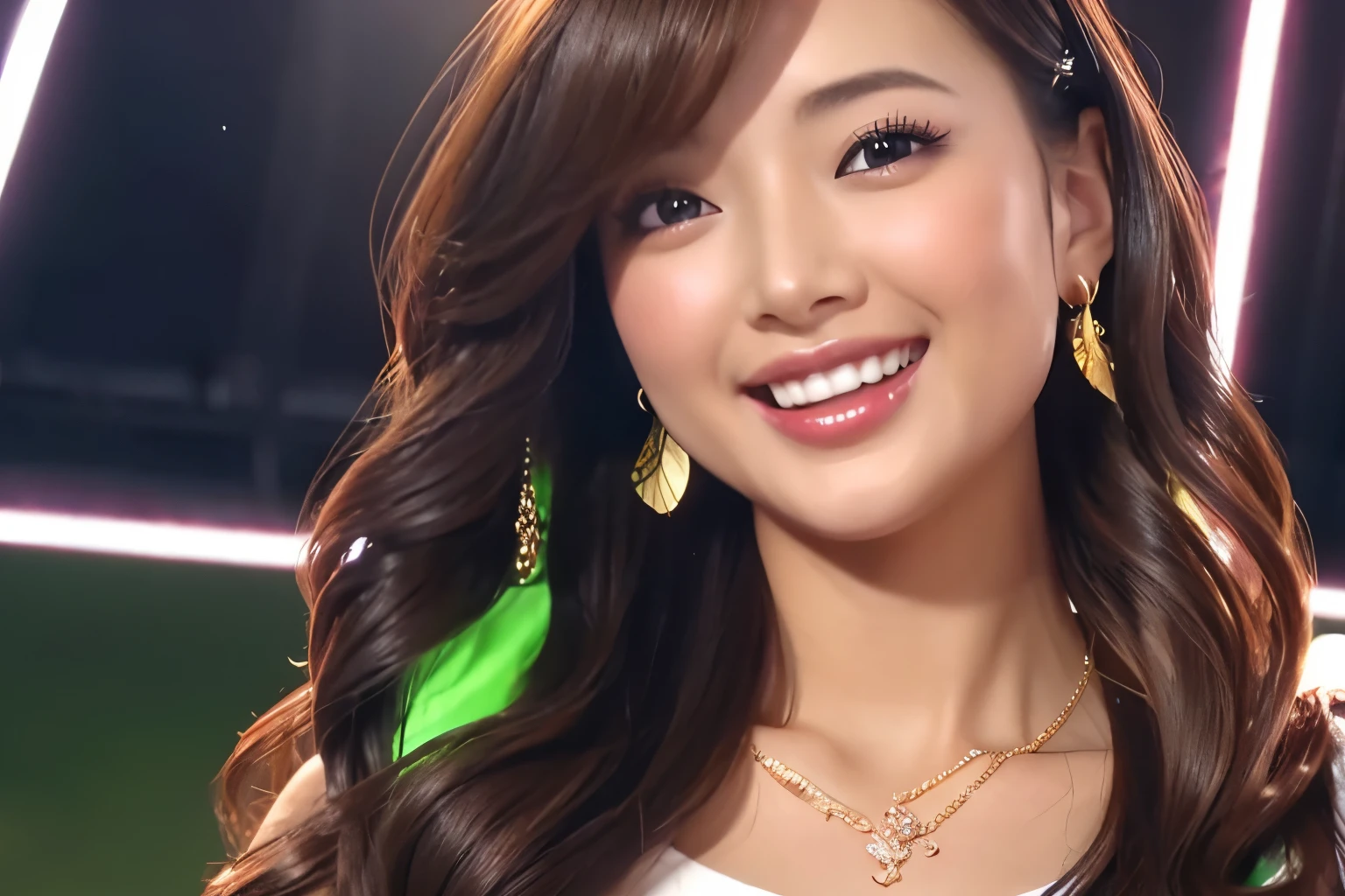 young、beautiful、female announcer、shaped face contour、long hair、brown hair、Fine iris、erotic face、glowing skin、juicy lips、an open seductive smile、thick eyelashes、earrings、hair ornaments、blush、black mini skirt、necklace、perfect lighting、perfect shadow、perfect anatomy