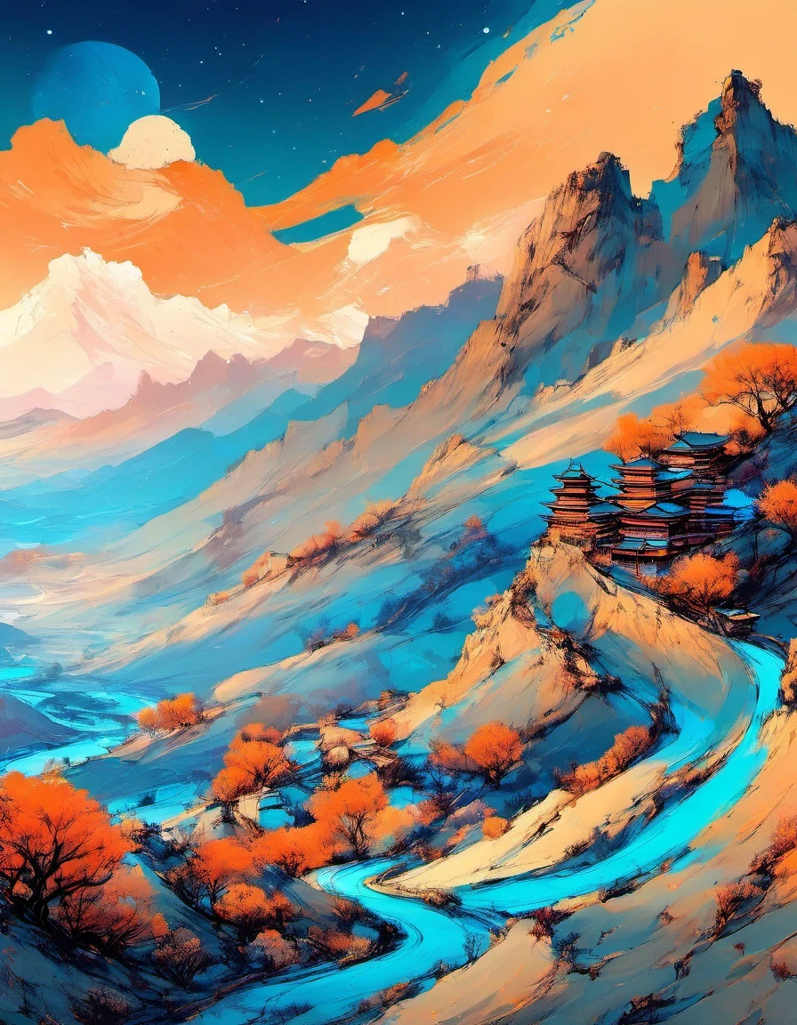 (best picture quality,4K,HD:1.2),Super delicate,(Realistic,lifelike:1.37),Mountain,road,newspaper,The girl dances like a wave with lots and lots of fax paper,There&#39;s a magic spell floating on it,Lots of floating magic spells,Illustrations in Dunhuang art style,zen style,gradient blue,blue and orange,smooth movements,clear focus,fantasy,romantic。