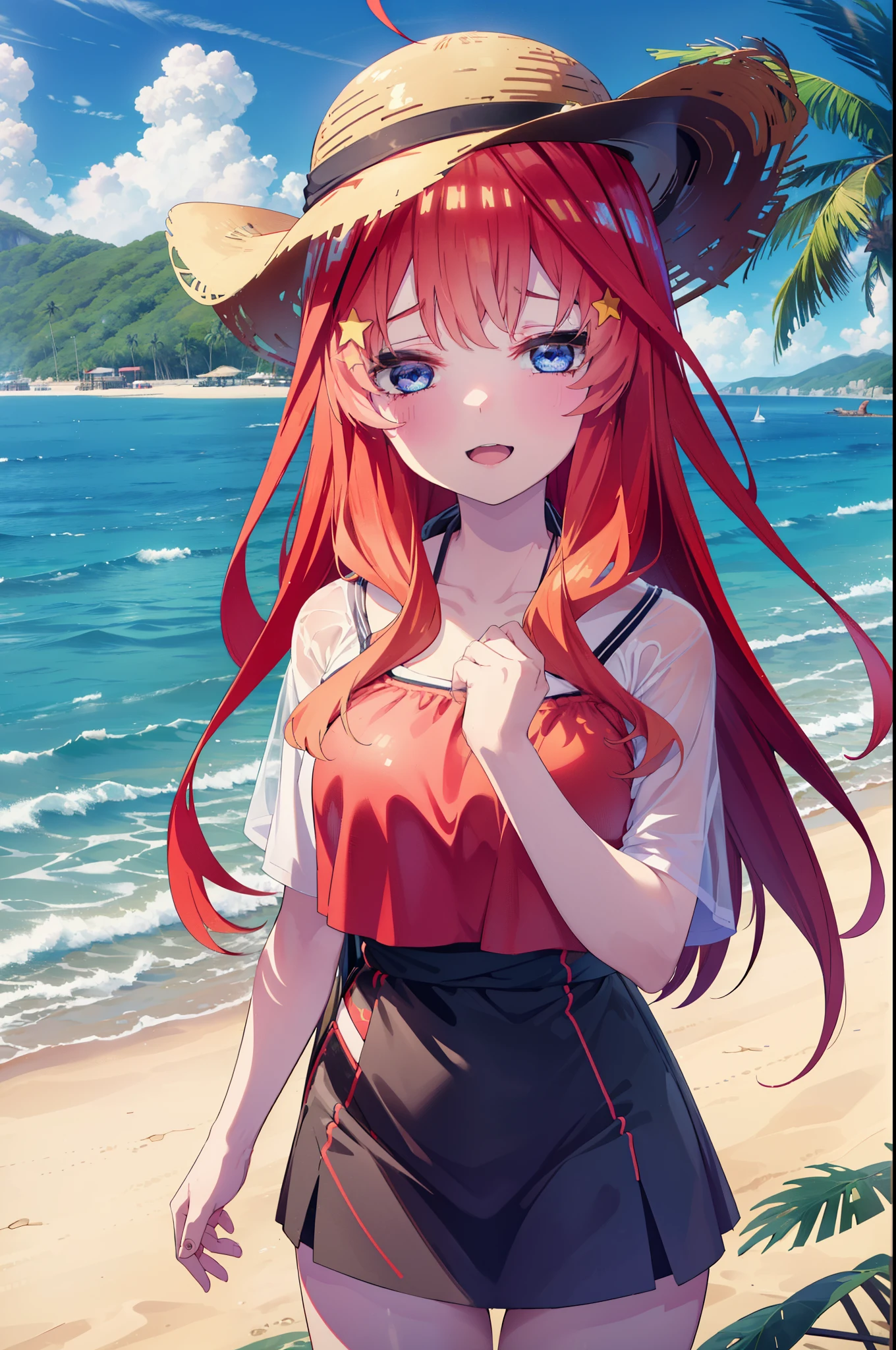 itsukinakano, itsuki nakano, bangs, blue eyes, hair between eyes, Ahoge, redhead, star \(symbol\), hair ornaments, star hair ornaments,big breasts,Smile, smile, open your mouth,big straw hat, Red Bikini Swimsuit,(beach salon),   ((salon)), beach outfit,true summer,Palm tree,
break outdoors, beach,
break looking at viewer,whole body, (cowboy shot:1.5),
break (masterpiece:1.2), highest quality, High resolution, unity 8k wallpaper, (figure:0.8), (detailed and beautiful eyes:1.6), highly detailed face, perfect lighting, Very detailed CG, (perfect hands, perfect anatomy),