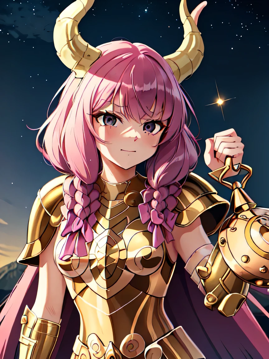 Masterpiece, top quality, high resolution, one person, golden armor, one demon girl (pink braided hair, two horns, cute jet black eyes, triumphant expression), night sky in background