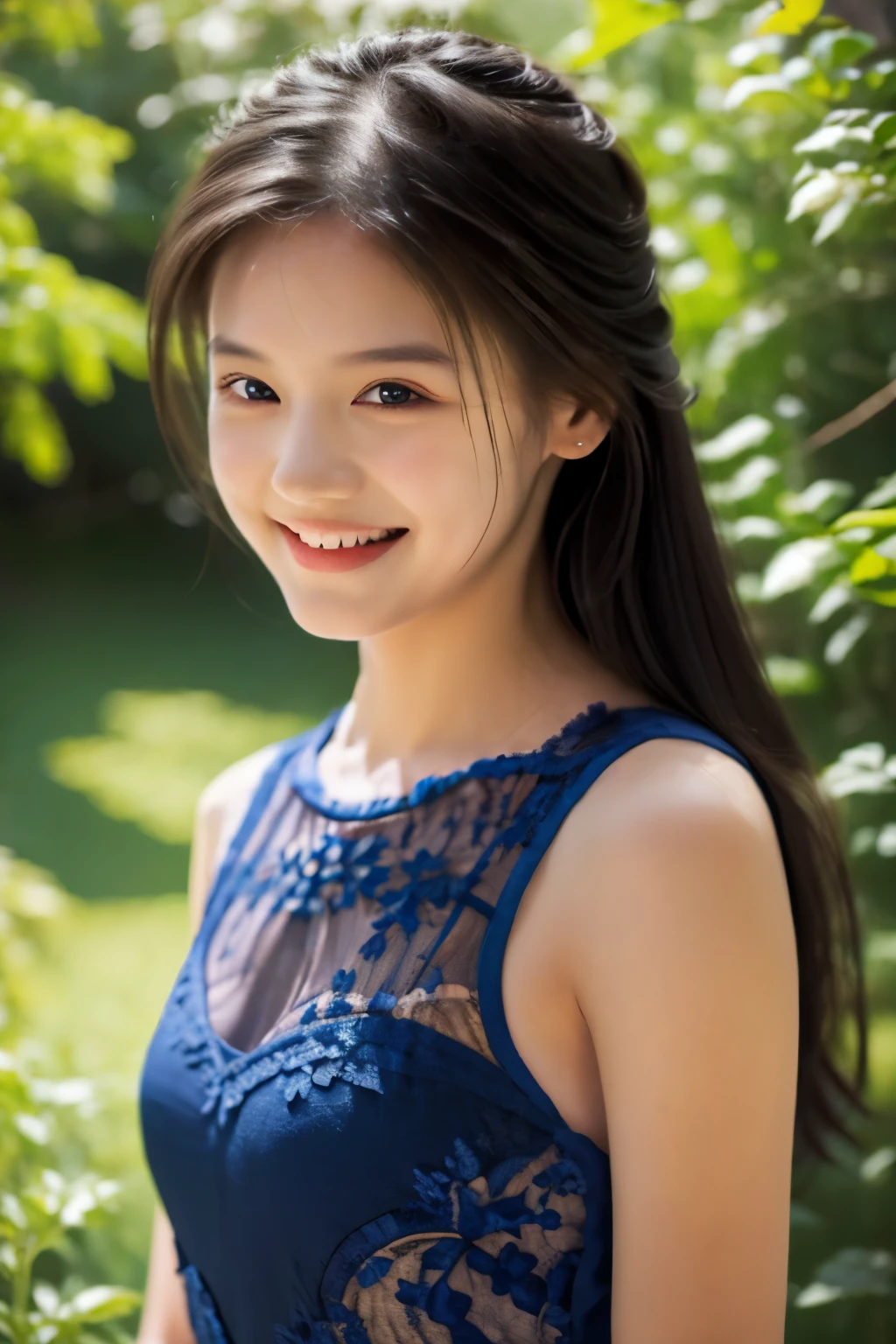 A close up of a woman in a blue dress smiling - SeaArt AI