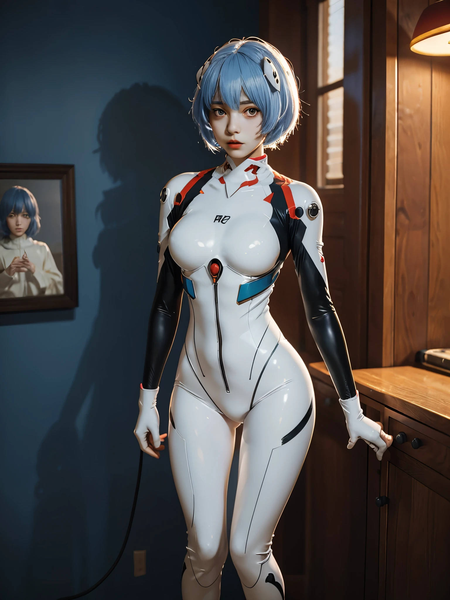 Rei Ayanami, the iconic character from the popular anime series, Evangelion, stands before you in her signature plug suit. Her attire, once pristine, is now torn, revealing glimpses of her delicate skin underneath. With her legs slightly spread, she displays a hint of vulnerability, her cheeks flushed with a combination of embarrassment and shyness. The scene is captured in exquisite detail, showcasing every intricate aspect of Rei's appearance. This masterpiece of an illustration, rendered in ultra-high resolution, brings her to life with unparalleled realism. The intensity of her gaze, the redness of her cheeks, and the subtle nuances of her expression are all meticulously portrayed, creating a truly mesmerizing artwork. It's as if Rei Ayanami herself