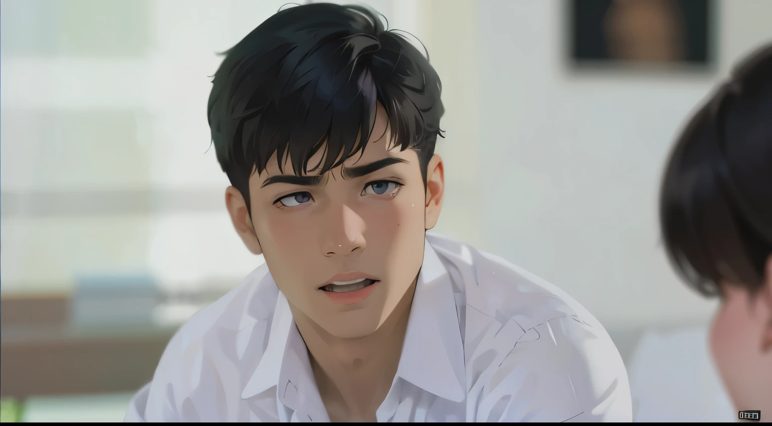 estilo anime, 2d toon style cute 16 year old boy worried purple hair purple eyes