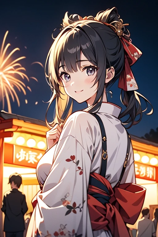 masterpiece, highest quality, 1 girl, alone, 22 years old、kimono、Summer festival、night、firework、fair、smile