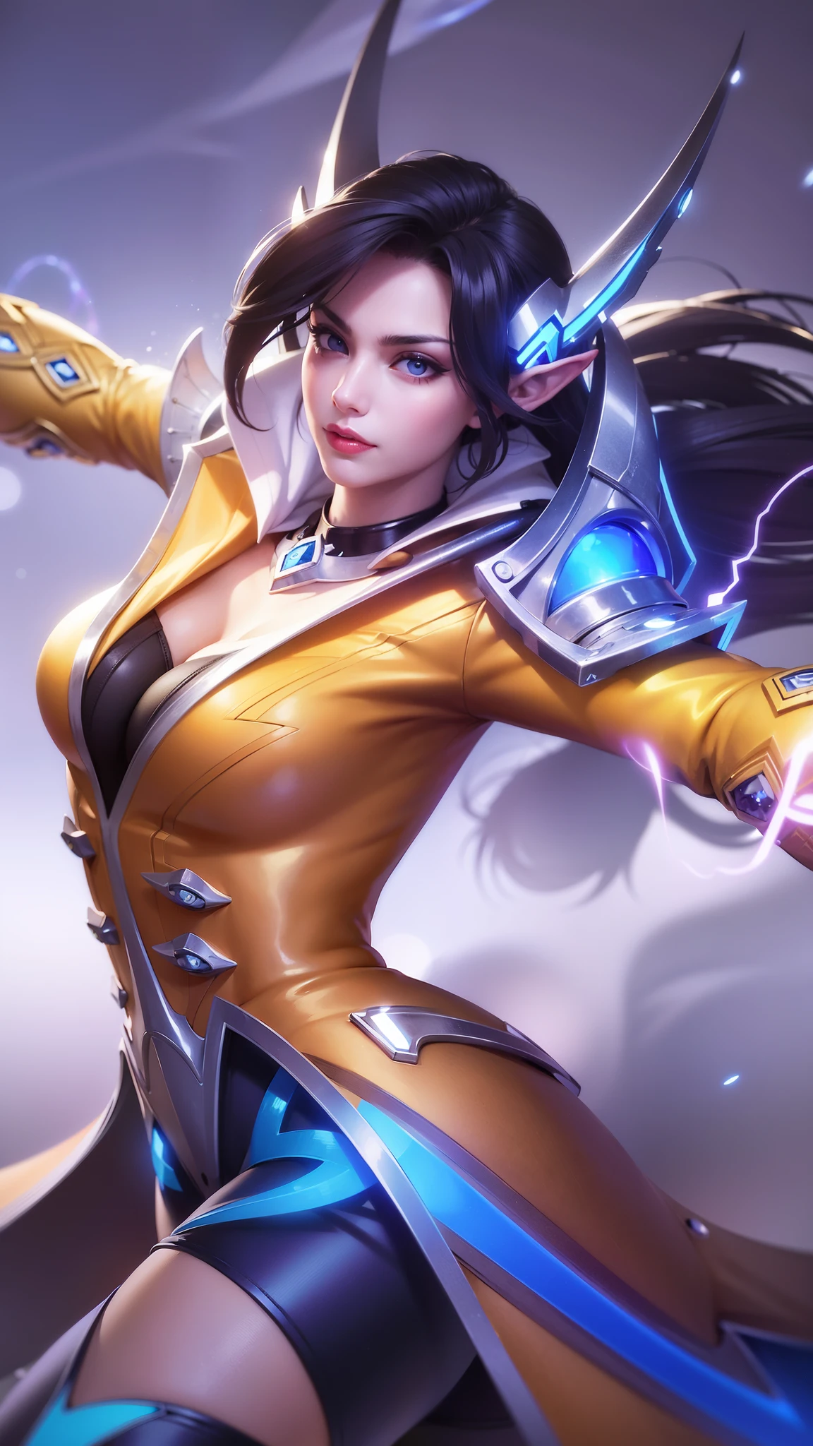 (female:1.2), 8k, ultra hd, ultra detailed texture, hyper realistic, masterpiece, detailed texture, detailed face, detailed skin, detailed lighting, (photorealistic:1.5), best quality, beautiful lighting, cinematic lighting, professional lighting, ultra highres, realistic, detailed hair, real hair, high quality, (realskin:1.5), extremely detailed, finely detail, ultra-detailed, 1girl, solo, floating, (blue eyes), glowing eyes, red lips, v-shapped eyes, closed mouth, angry, colored skin, dark skin, purple skin, nose, pretty, beautiful, make up, evil smile, short hair, black hair bangs, large breasts, thigh, pauldrons, black pants, belt, purple coat, mechanical wings, armor shoulder, gloves, eudora \(mobile legends\), depth of field, looking aways, skin tight, amazing pose, glowing electric, lighting, cinematic background, elf ears.