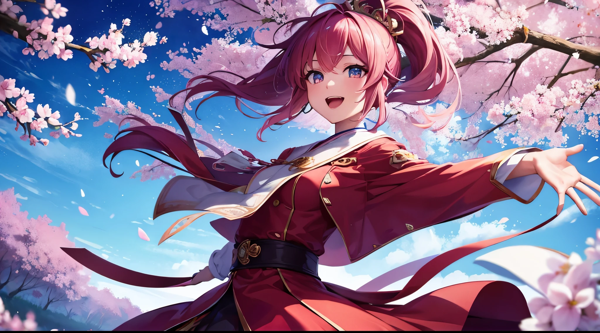 anime characters、Sakura Miku、ponytail、smile、beautiful fingers、beautiful hands、4K quality、Dancing cherry blossoms in full bloom