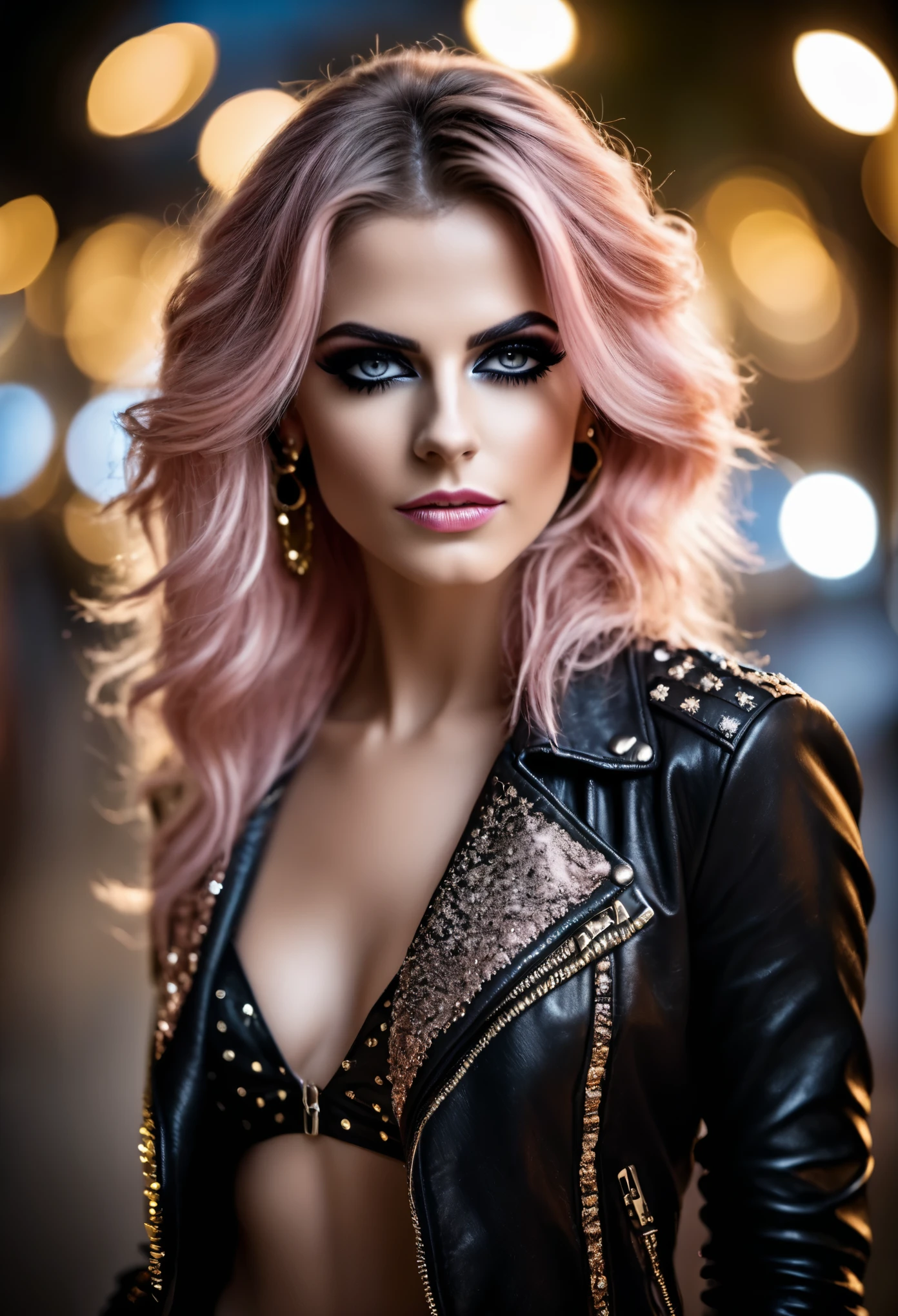 photo shot on Nikon D850, she is a rockstar., in style a glam rock, detailed face, blushing, teasing, Alluring. highly stylized, depth of field, bokeh effect, backlit, stylish, breathtaking, visually rich, masterpiece, full body shot.